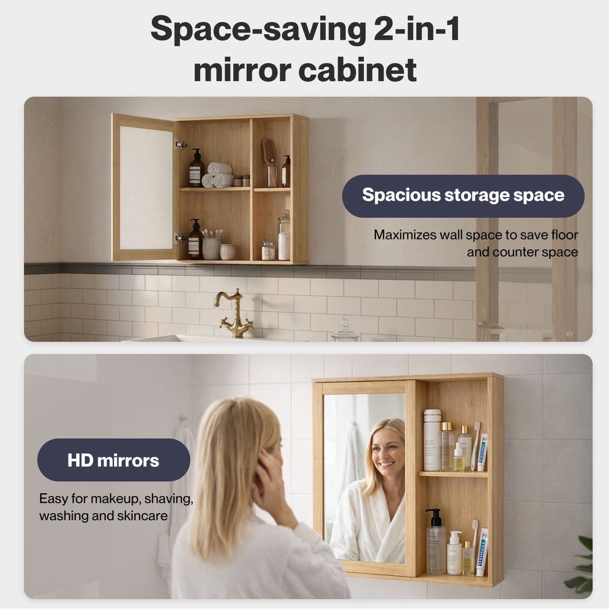 Bathroom Mirror Cabinet Wall Mounted Cupboard With Storage Shelf | Oak