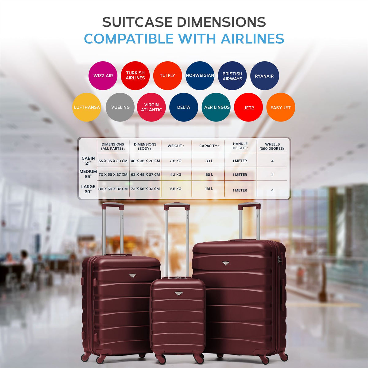 Set Of 3 Hard Shell Suitcase Cabin & Check In Cases With Tsa Lock - Overhead Cabin With Medium & Large Check-in Bag | Set of 3 | Burgundy