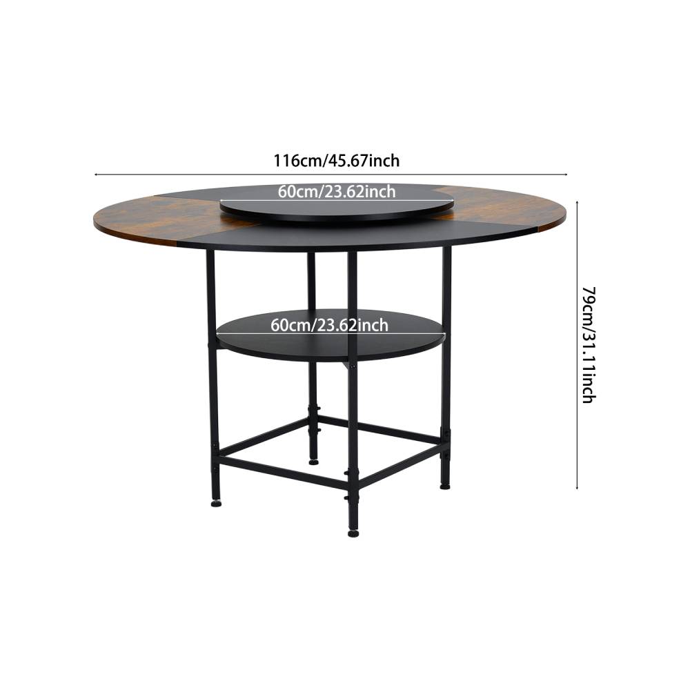 116cm Dia Retro Two-tone Dining Table With Lazy Susan And Storage Shelf