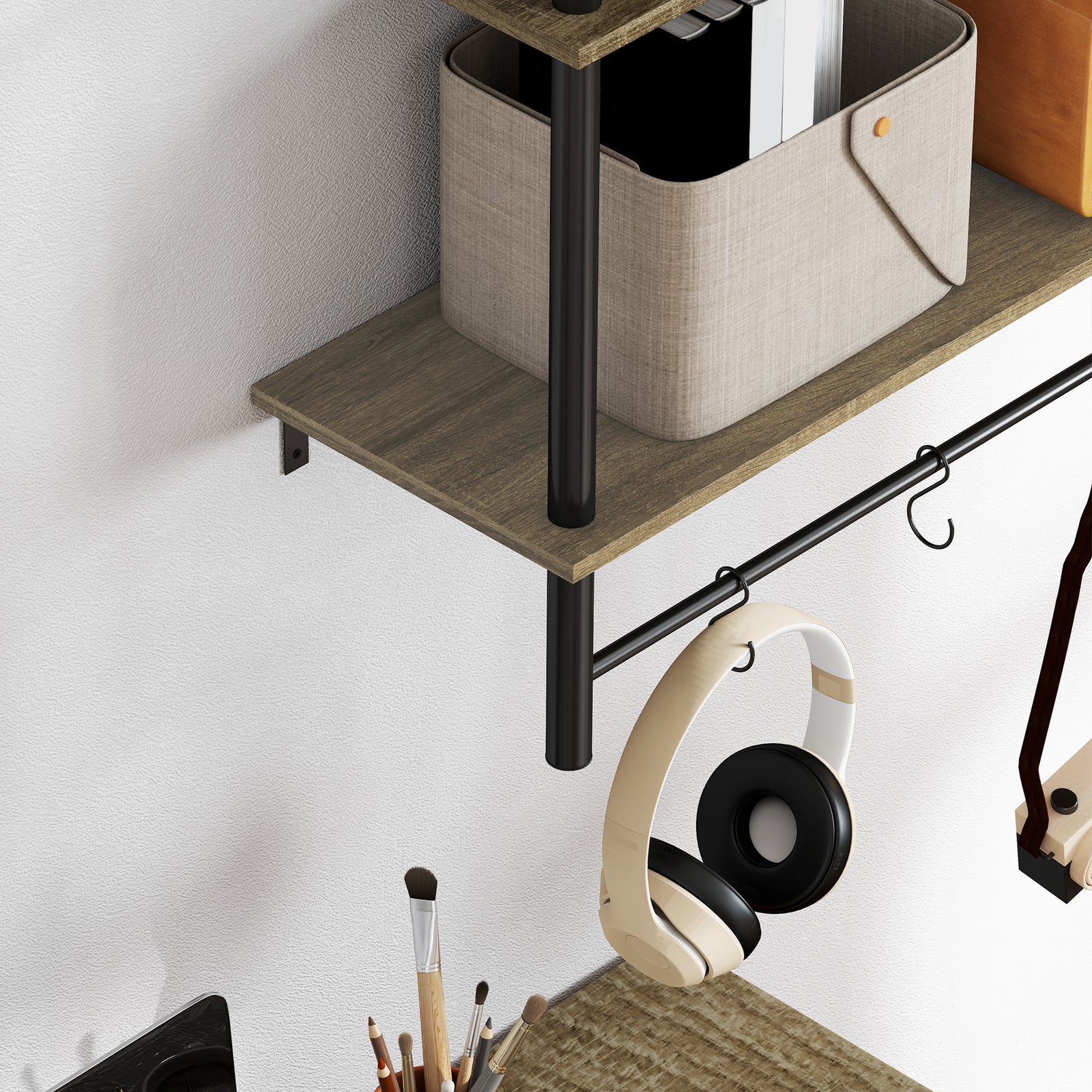 Wall Shelf Unit With 4 Hooks For Living Room, Entryway | One Size