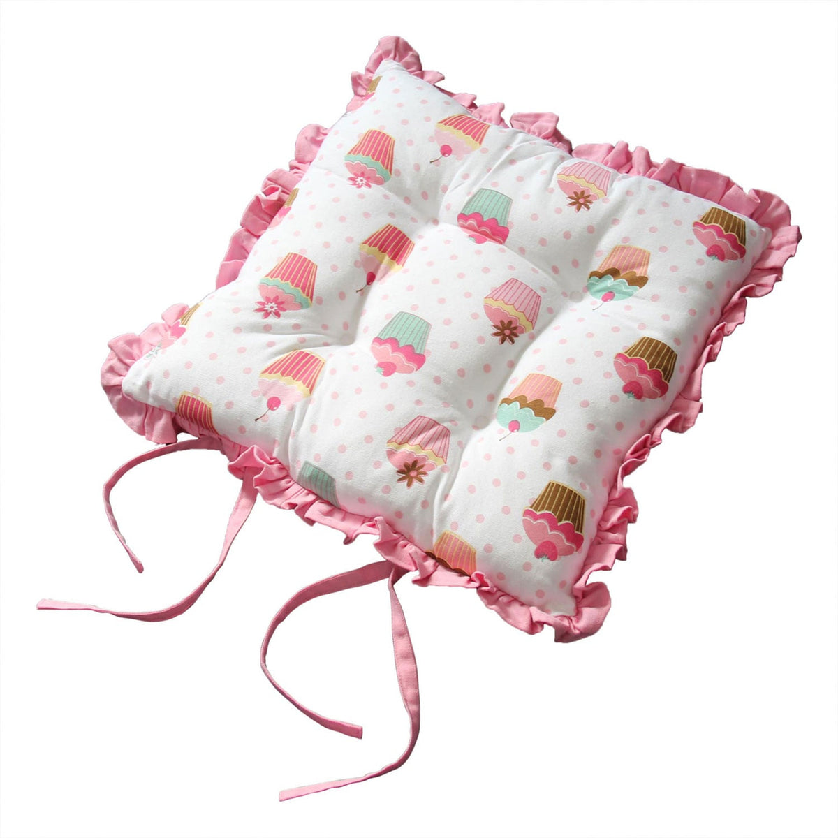 HOMESCAPES Reversible Pink Frilled Cushion Seat Pad With Ties Cup Cakes