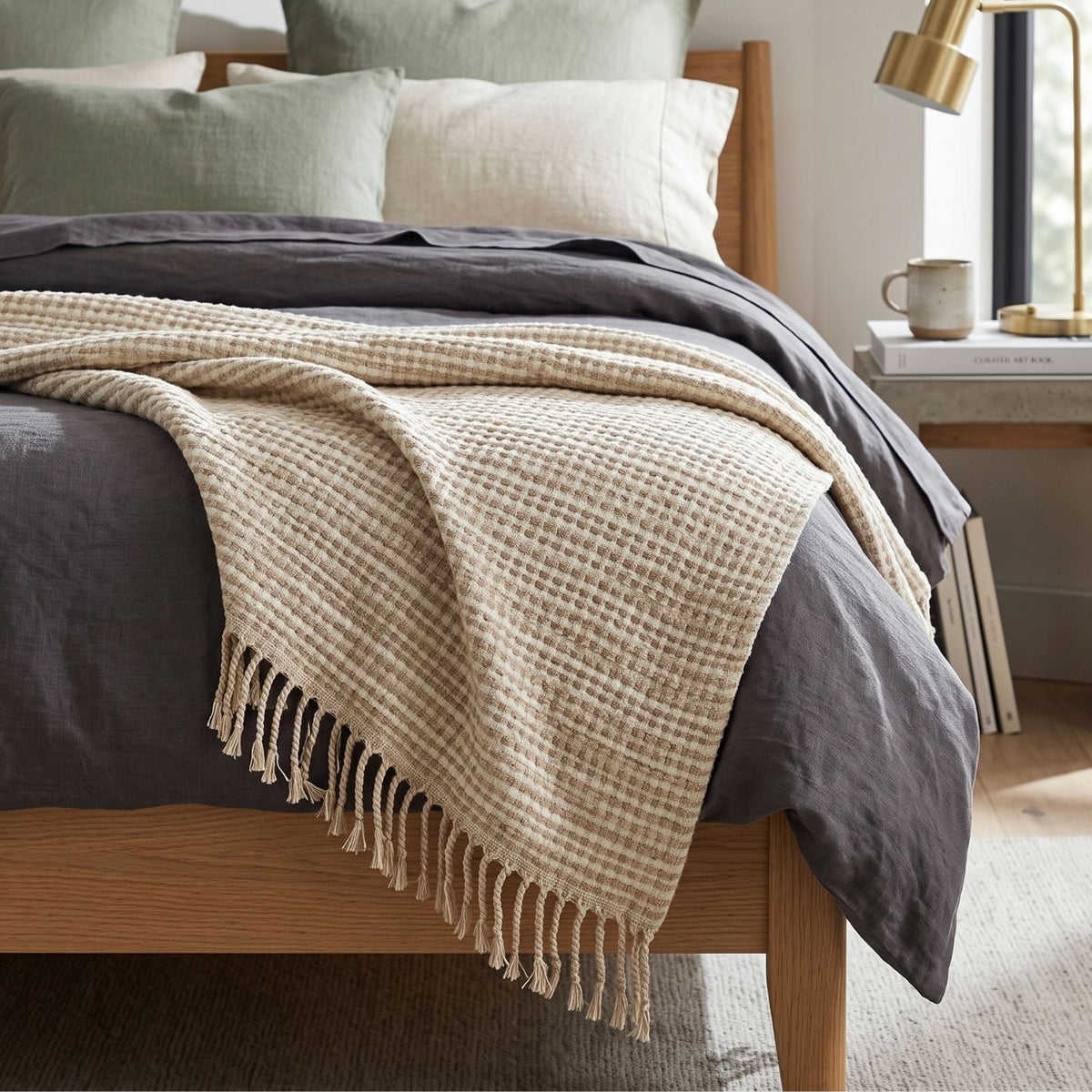 Pure Handmade 100% Wool Textured Stripe Bed & Sofa Throw Blanket, Beige