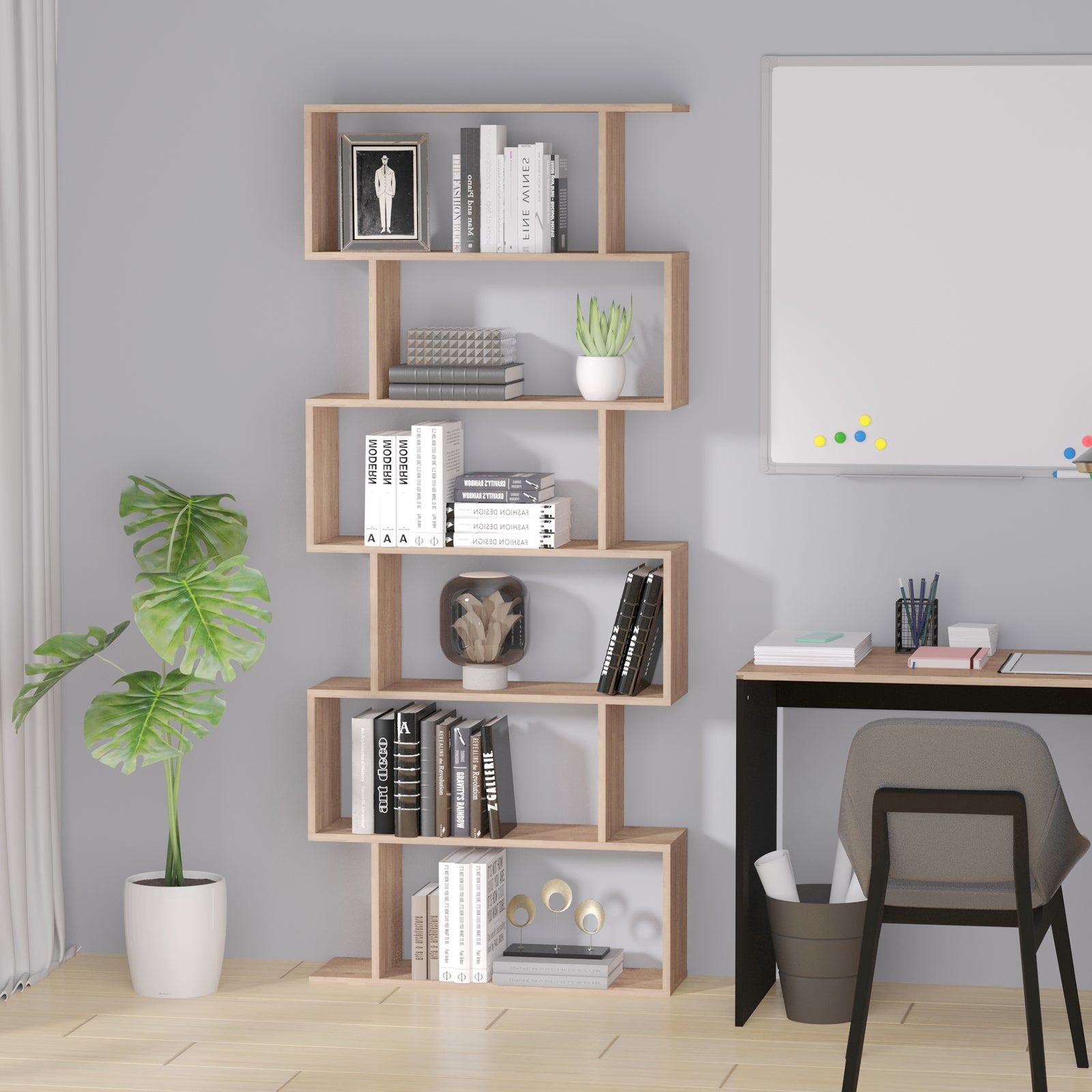6-tier Wooden Modern S-shaped Shelf Storage Unit Home Office | One Size | Brown
