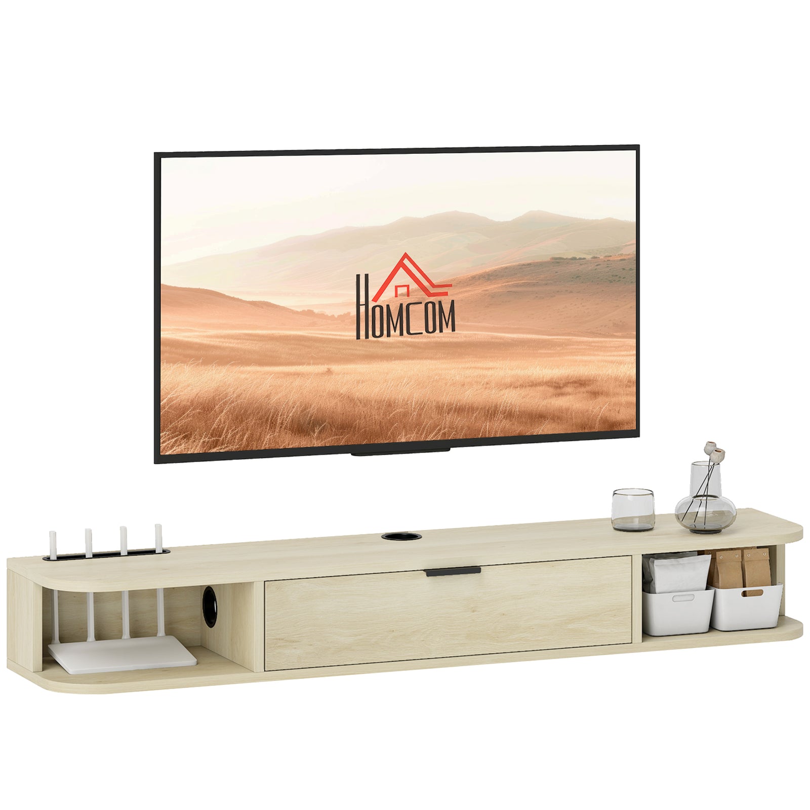 120 Cm Floating Tv Unit With Flip Drawer And Shelves | Natural