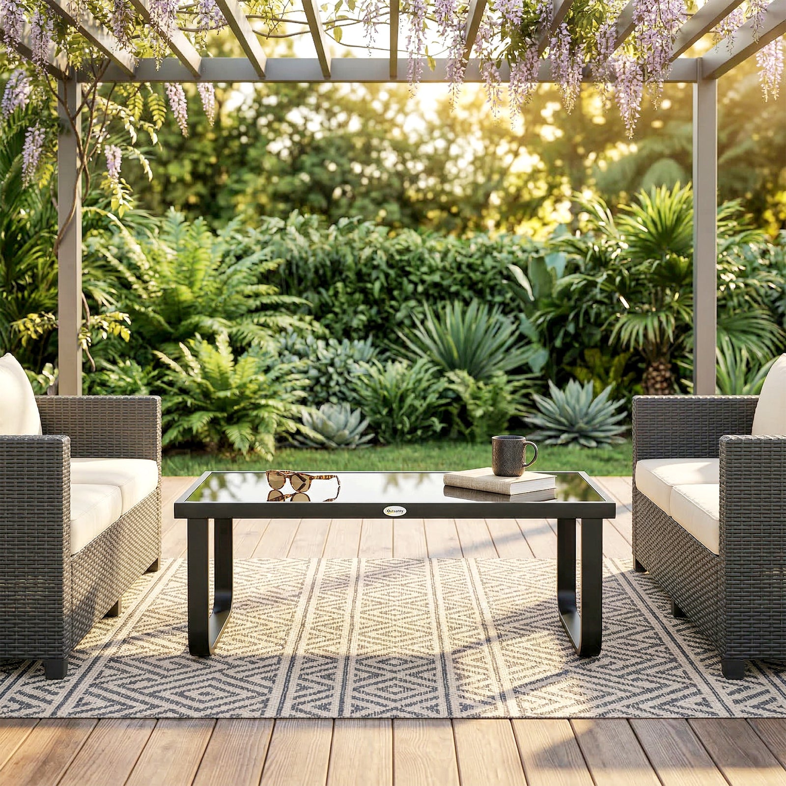 Garden Coffee Table Outdoor Side Table With Glass Top | Large | Black