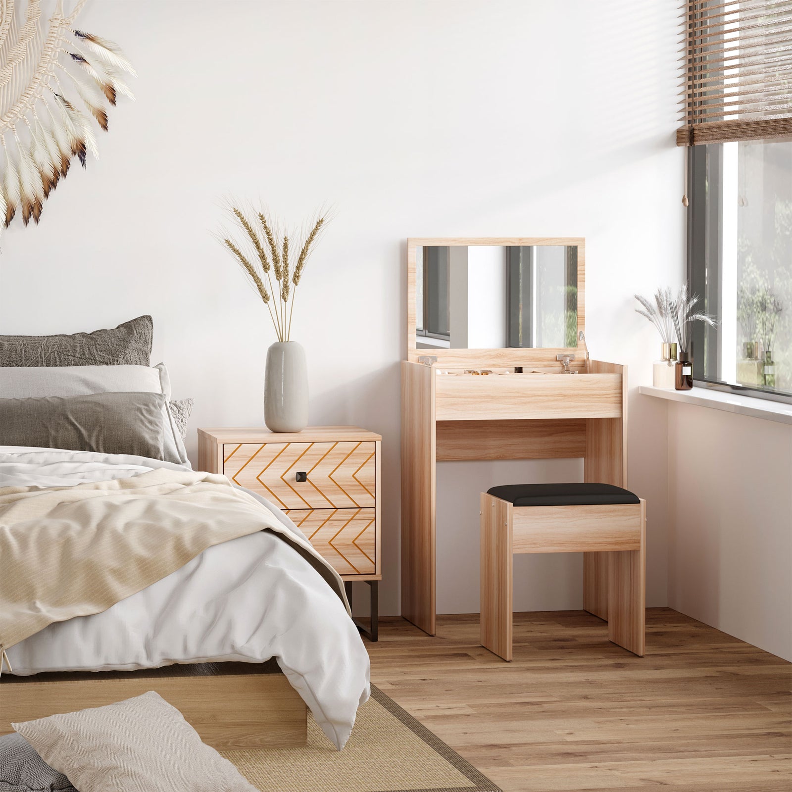 Dressing Table Set Cushioned Stool Flip-up Mirror Chipboard | One Size | Natura