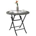 Folding Round Rattan Table W/ Tempered Glass Top For Patio