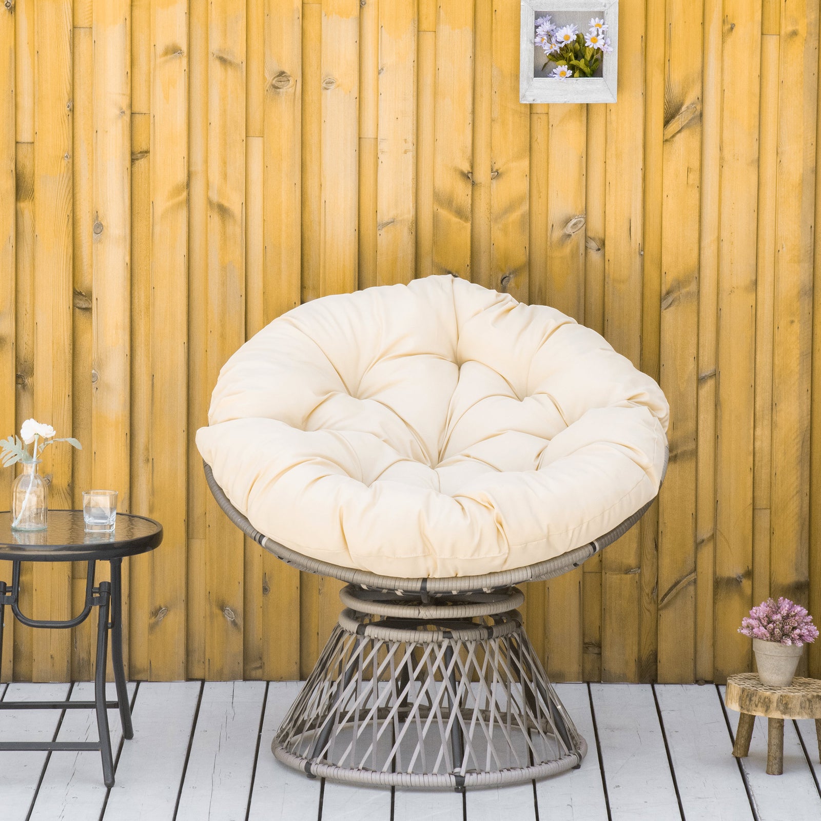 360 Degree Swivel Rattan Papasan Moon Bowl Chair Round | Beige
