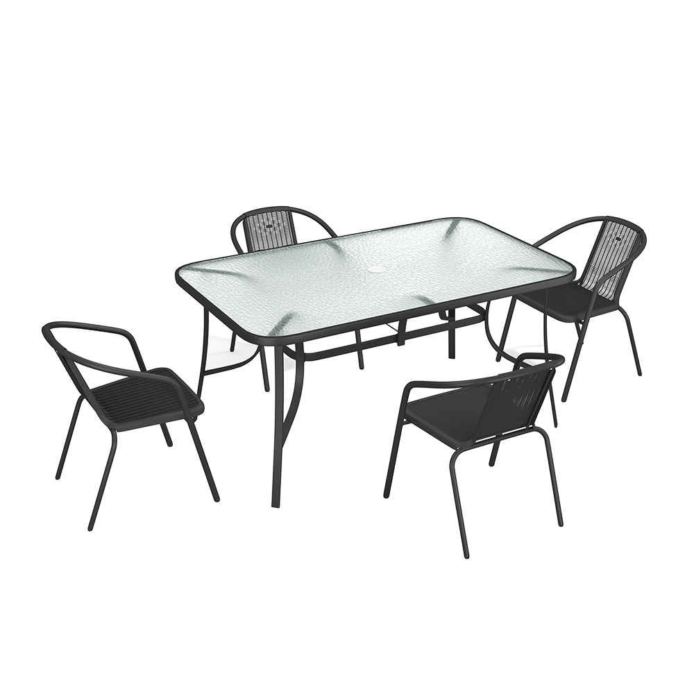 5 Pieces Garden Dining Set Tempered Glass Outdoor Coffee Table And Rattan Chairs Set