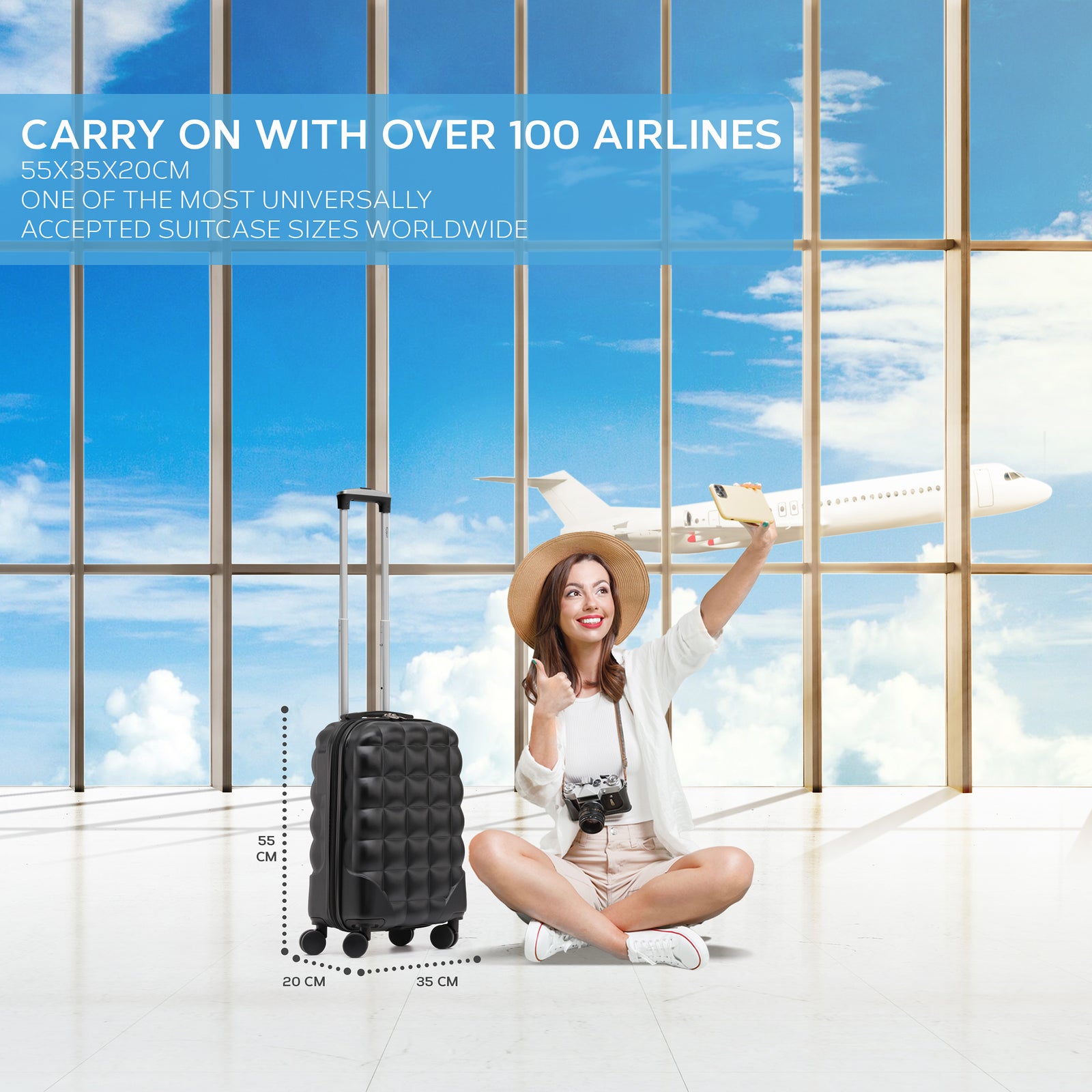 55x35x20cm Hard Case Bubble Carry On Suitcase - 100+ Airline Approved | Cabin | Black