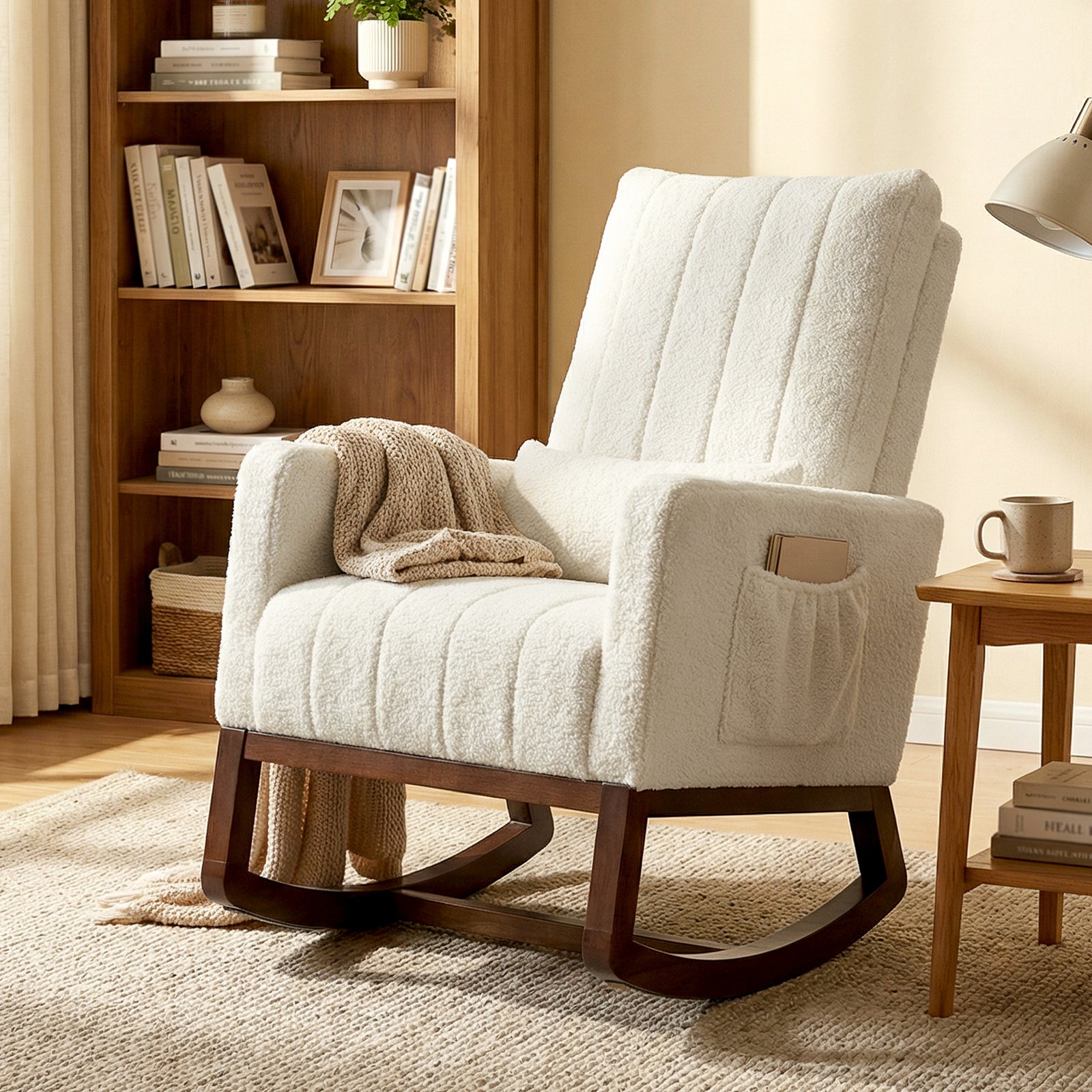 HOMCOM Rocking Chair For Adults, Lounge Rocker W/ Lumbar Pillow, Cream White