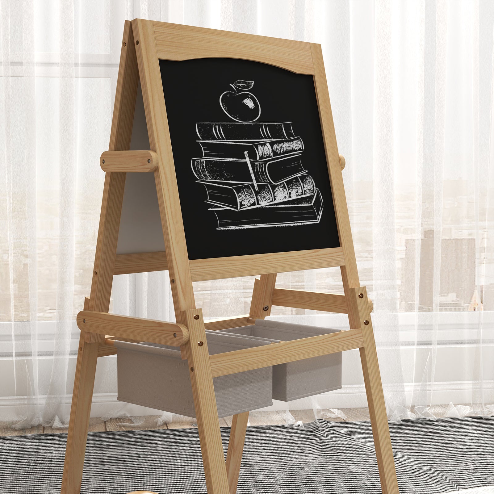 3 In 1 Kids Easel With Paper Roll, Storage Baskets - Natural