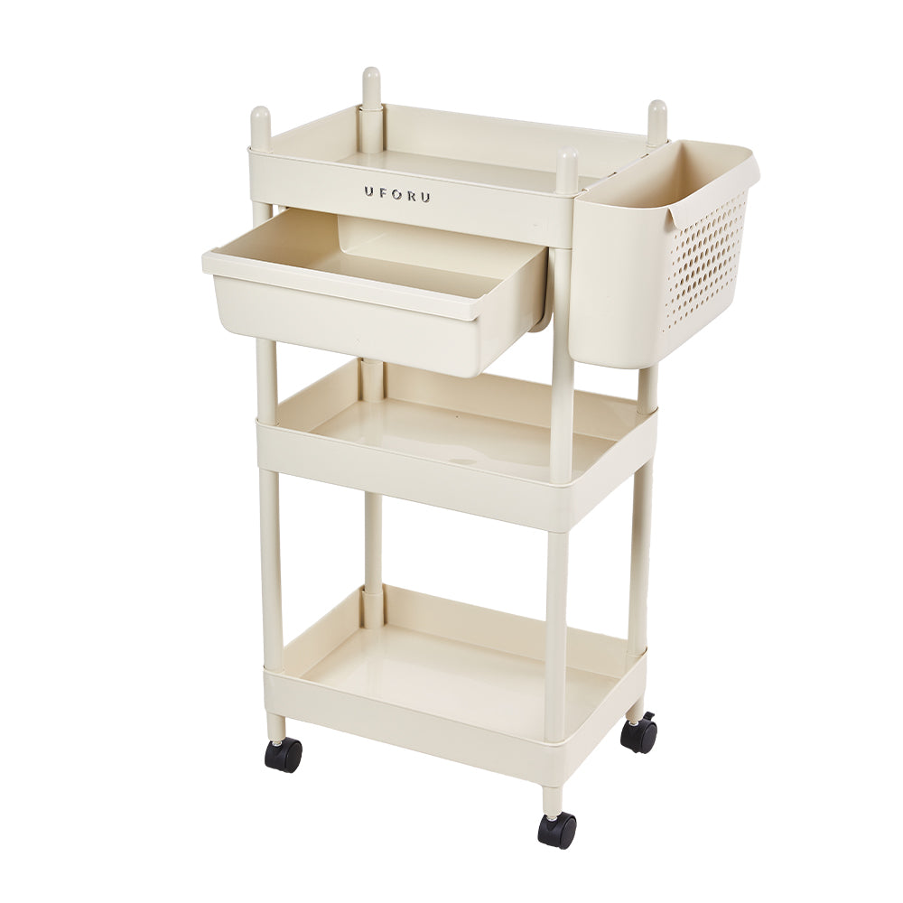 2/3/4-tier Rolling Storage Cart With Lockable Wheels Organizer Trolley With Hanging Baskets & Drawer | Medium | Cream