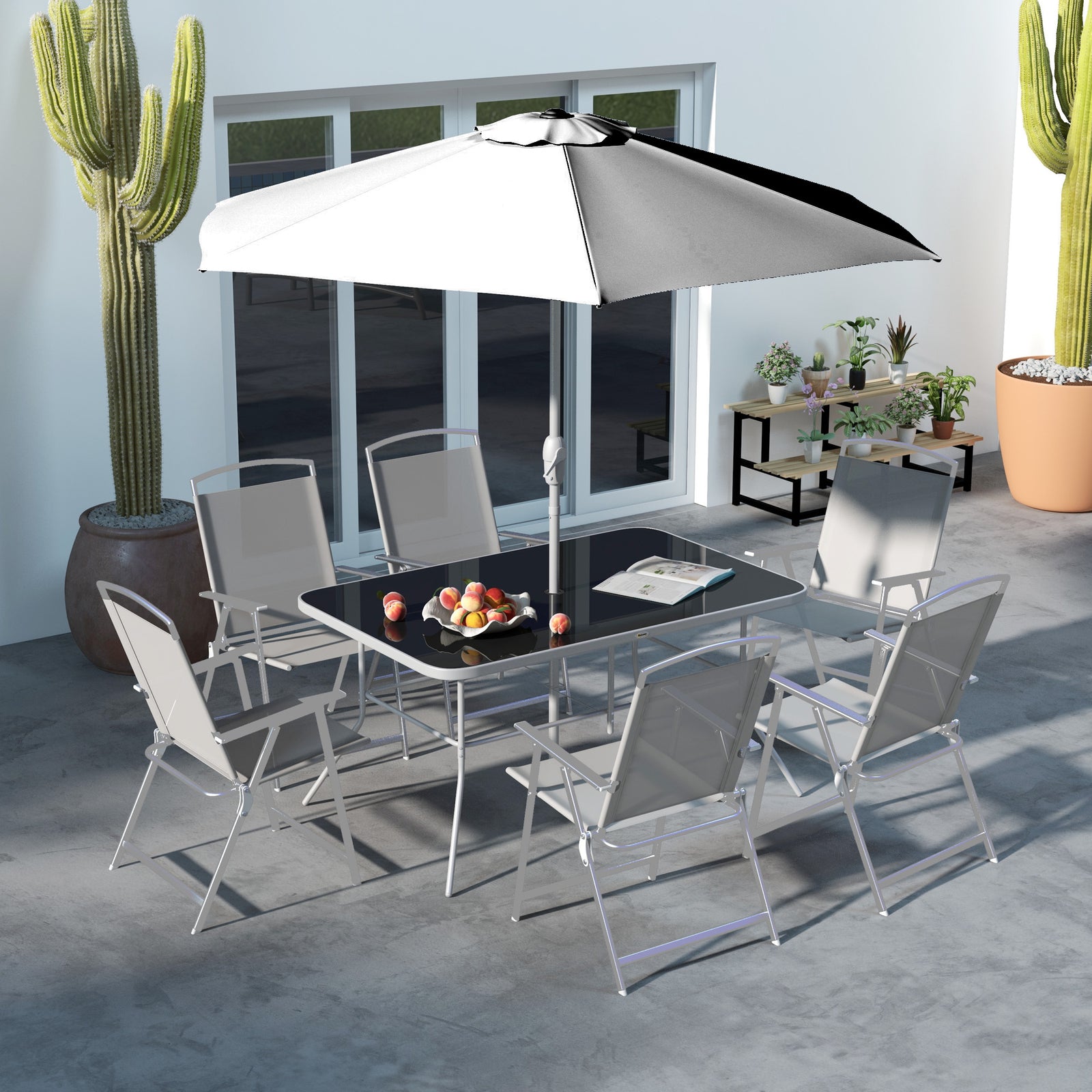 8 Pieces Garden Furniture Set W/ Parasol And Folding Chairs