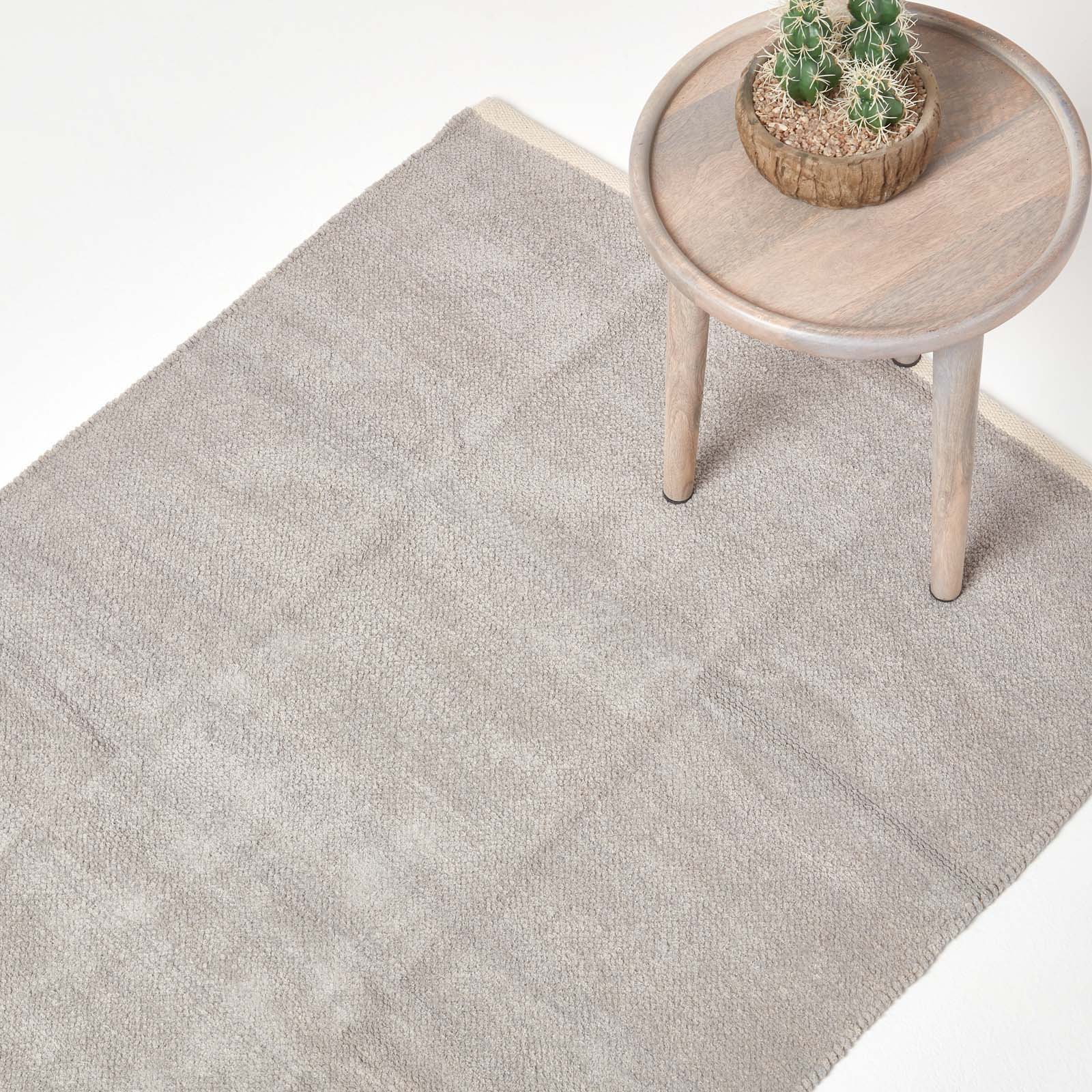 Plain Chenille 100% Cotton  Rug With Natural Trim | 170cm | Light Grey