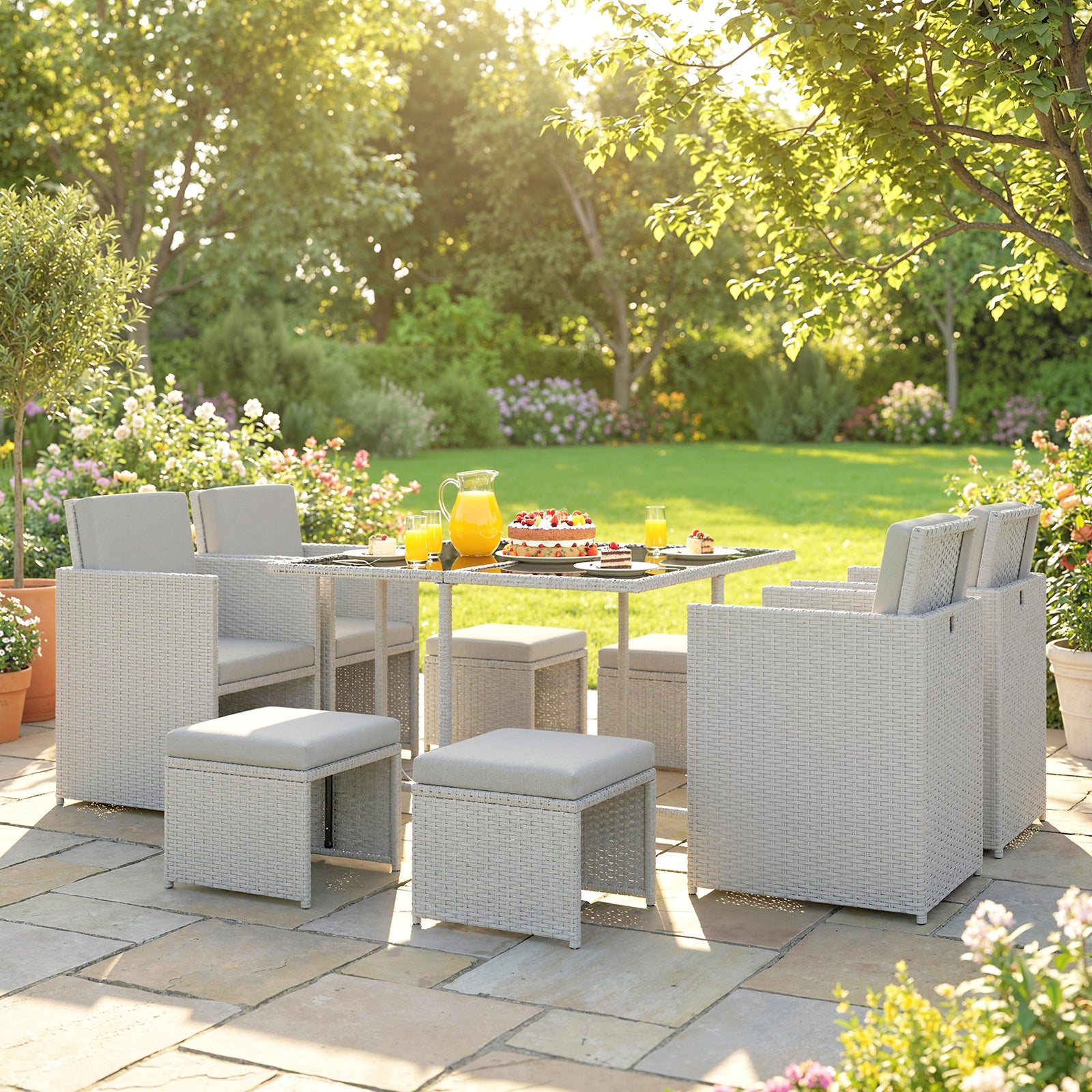 8 Seater Cube Rattan Garden Dining Set With Cushions | Light Grey