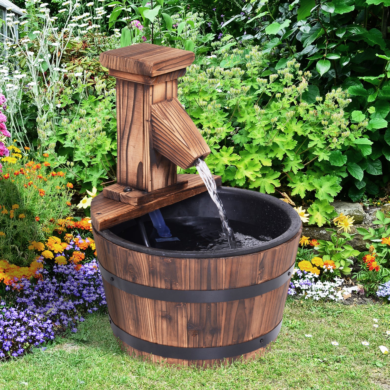 Wood Barrel Patio Water Fountain With Electric Pump