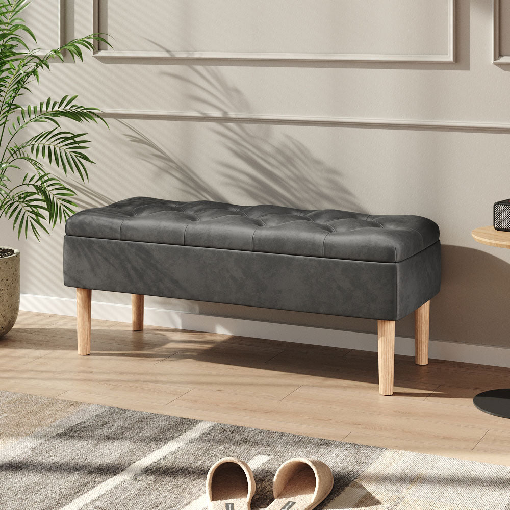Velvet Storage Bench With Rubber Wooden Leg