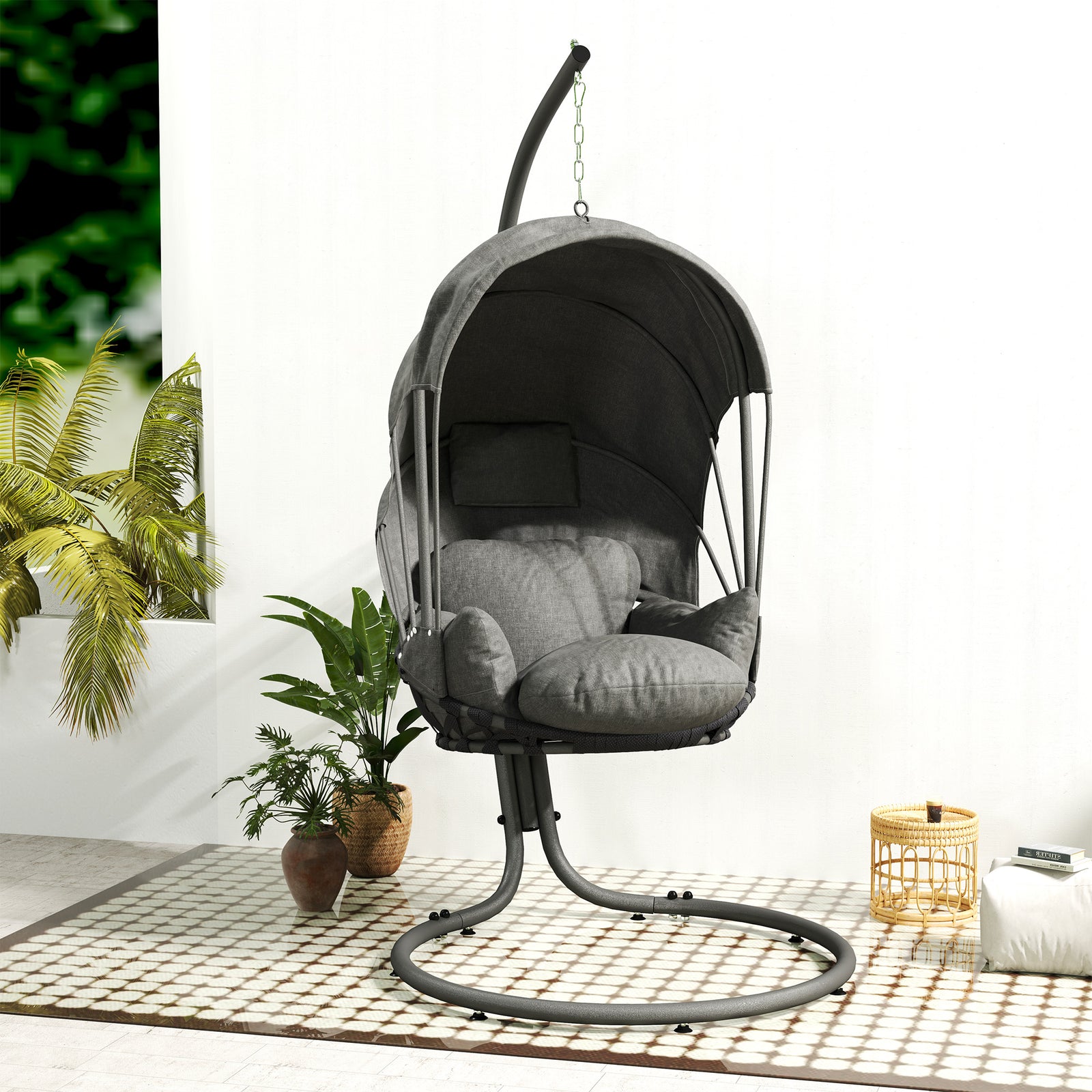 Hanging Egg Chair W/ Stand Retractable Canopy, Grey