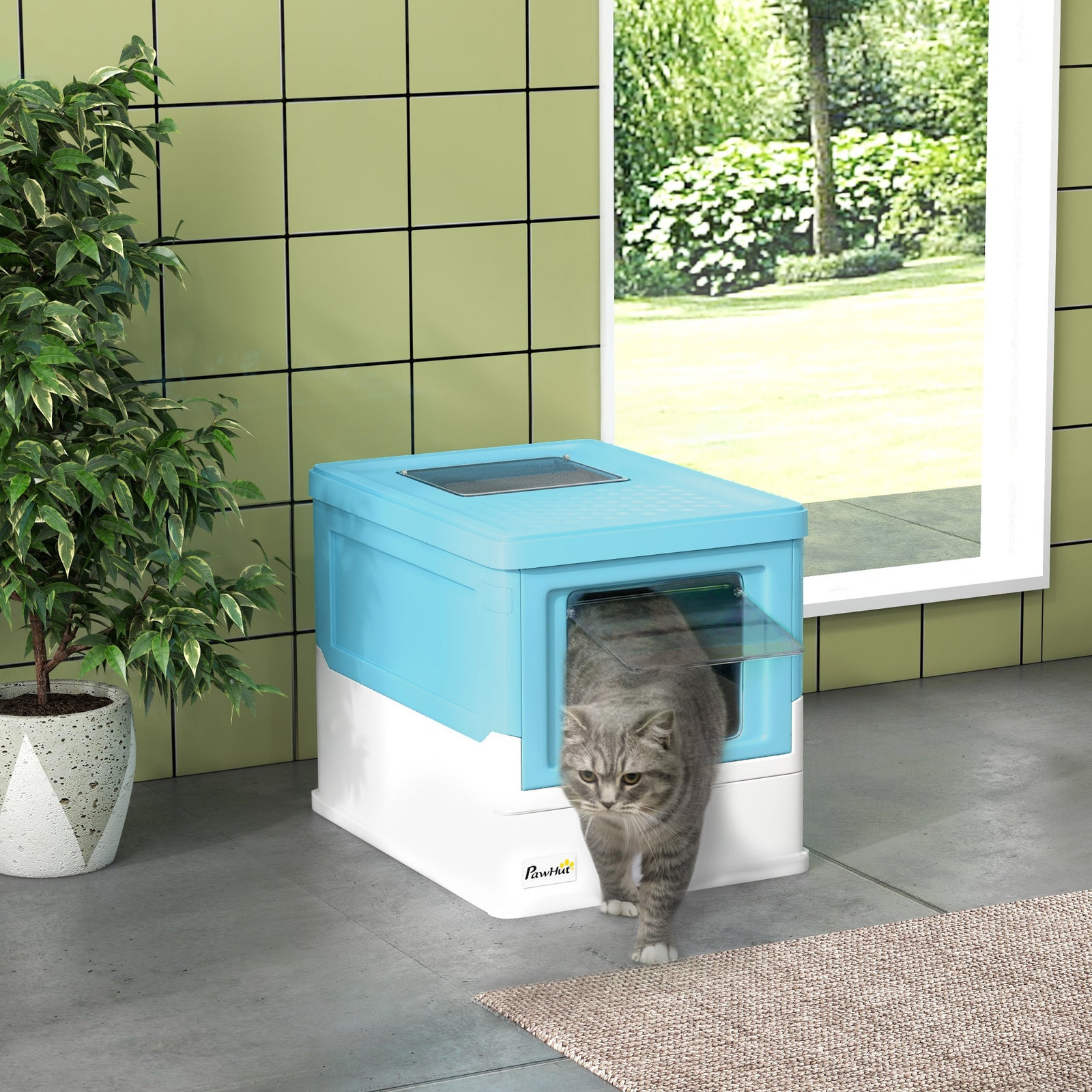 Pawhut Hooded Cat Litter Box, Pet Toilet W/ Scoop, Tray - Light Blue
