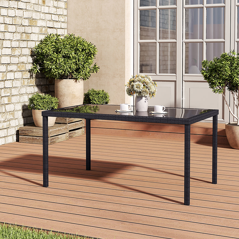 Rustic Rectangle Outdoor Wicker Table With Tempered Glass Tabletop - 150w X 90d X 74h Cm | One Size | Black