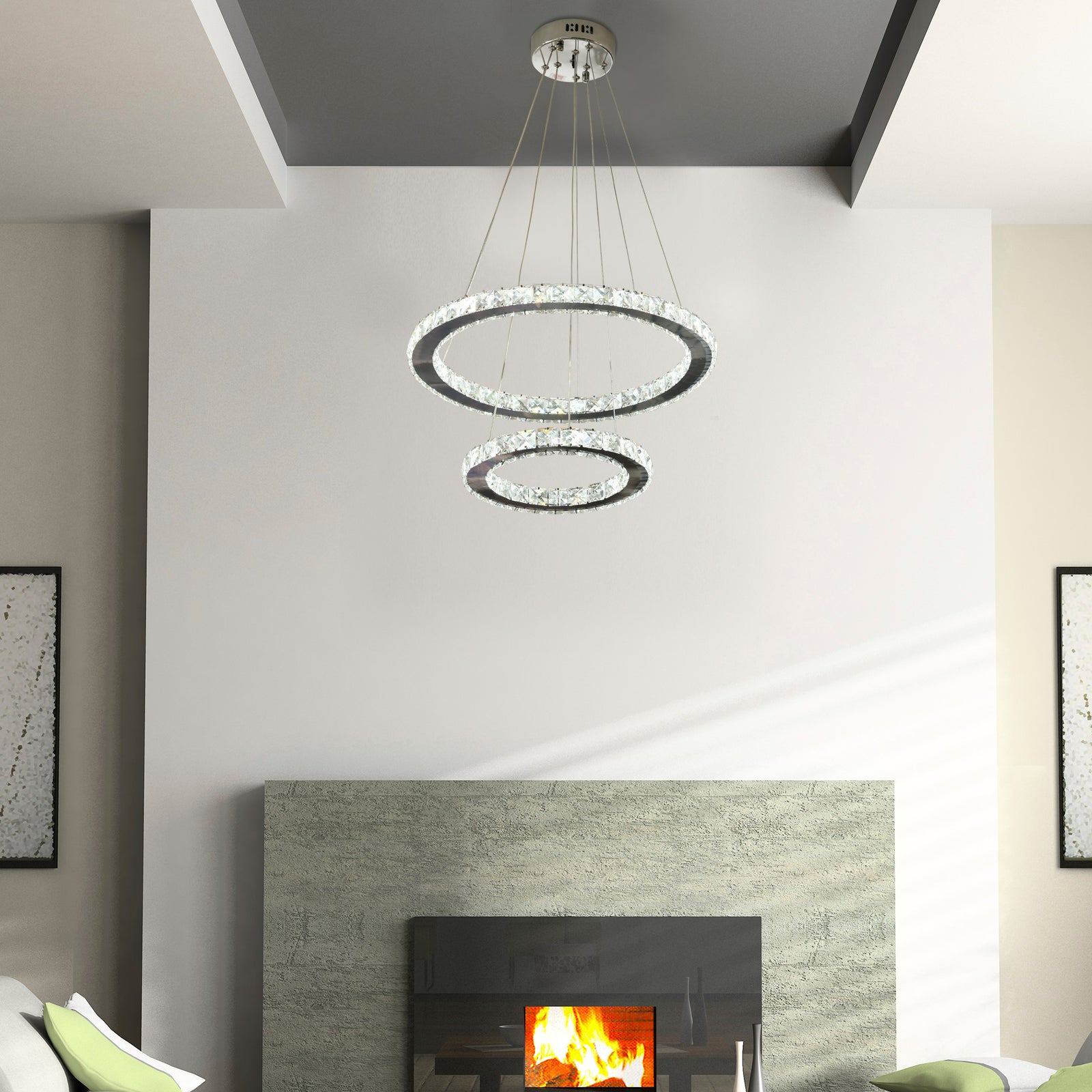 HOMCOM Led Dimmable Chandelier With 2 Crystal Rings Flexible Cable