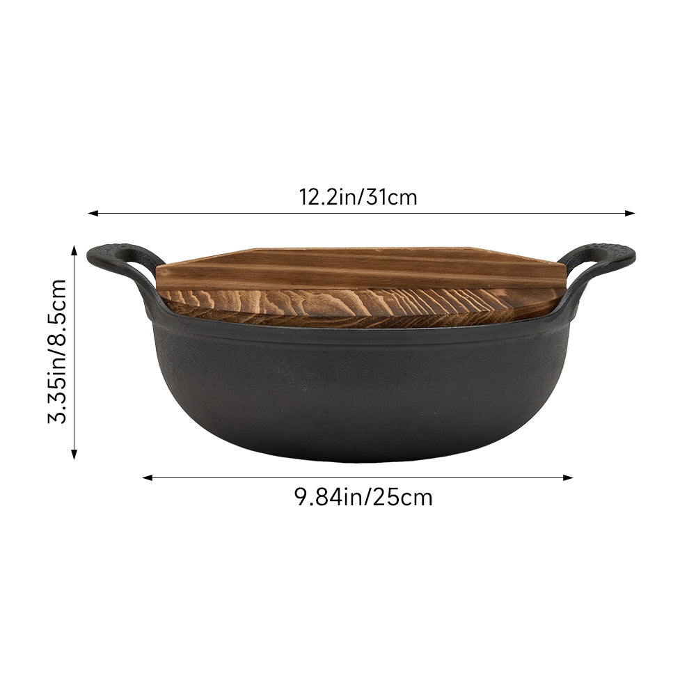 20cm/25cm Dia Cast Iron Wok With Dual Handles And Wooden Lid | Large