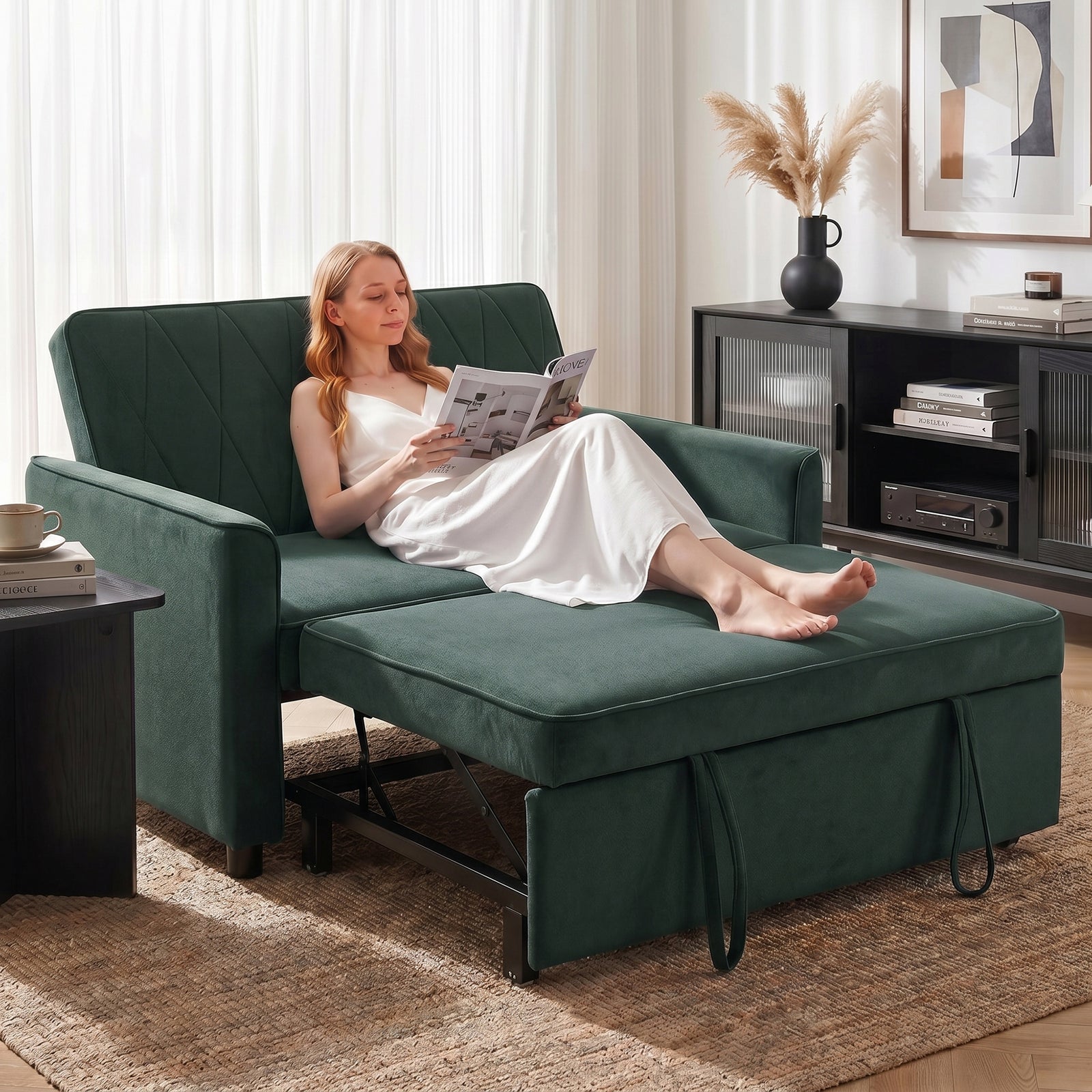 2 Seater Sofa Bed, 3-in-1 Velvet Pull Out Sleeper Sofa | Dark Green