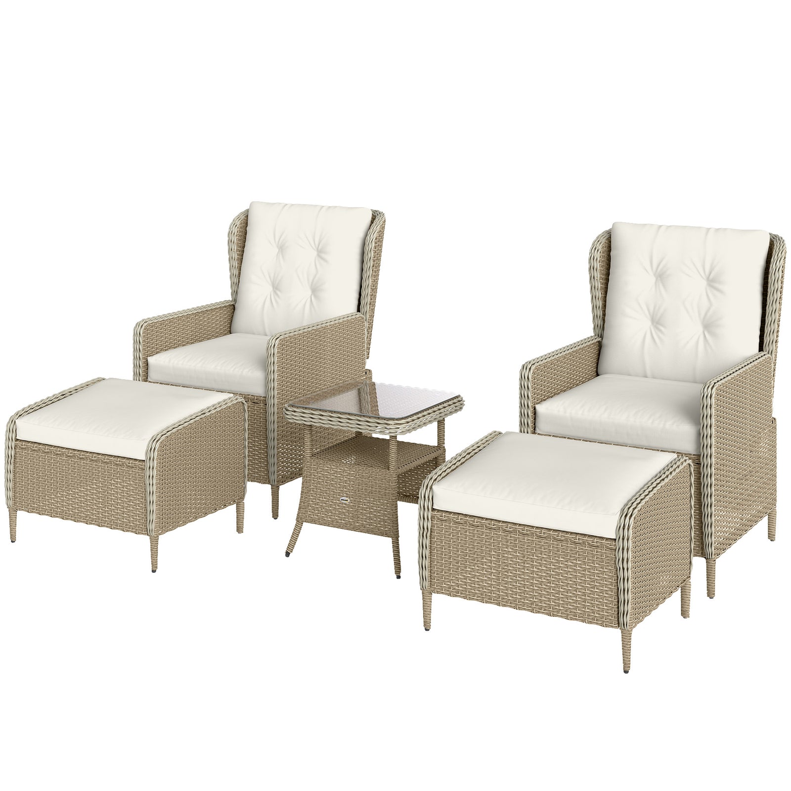 5 Piece Rattan Set With Recliners, 2-tier Coffee Table | Light Grey