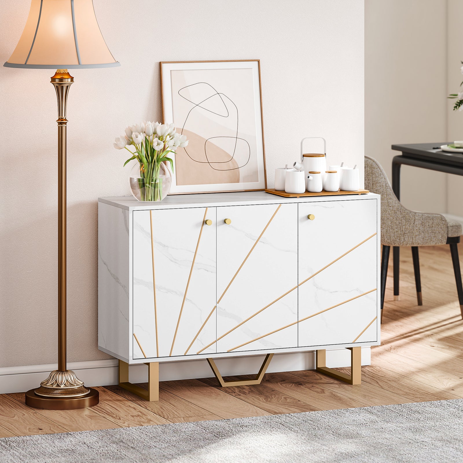 Sideboard Storage Cupboard With Metal Legs For Living Room | White