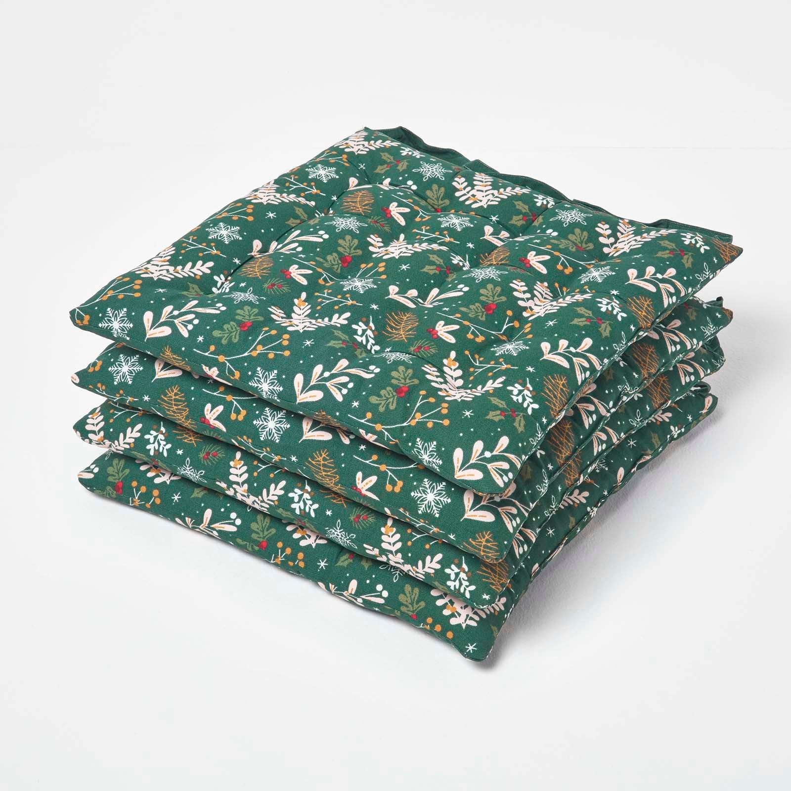 Christmas Seat Pad With Straps 100% Cotton 40 x 40cm | 40cm x 40cm | Green