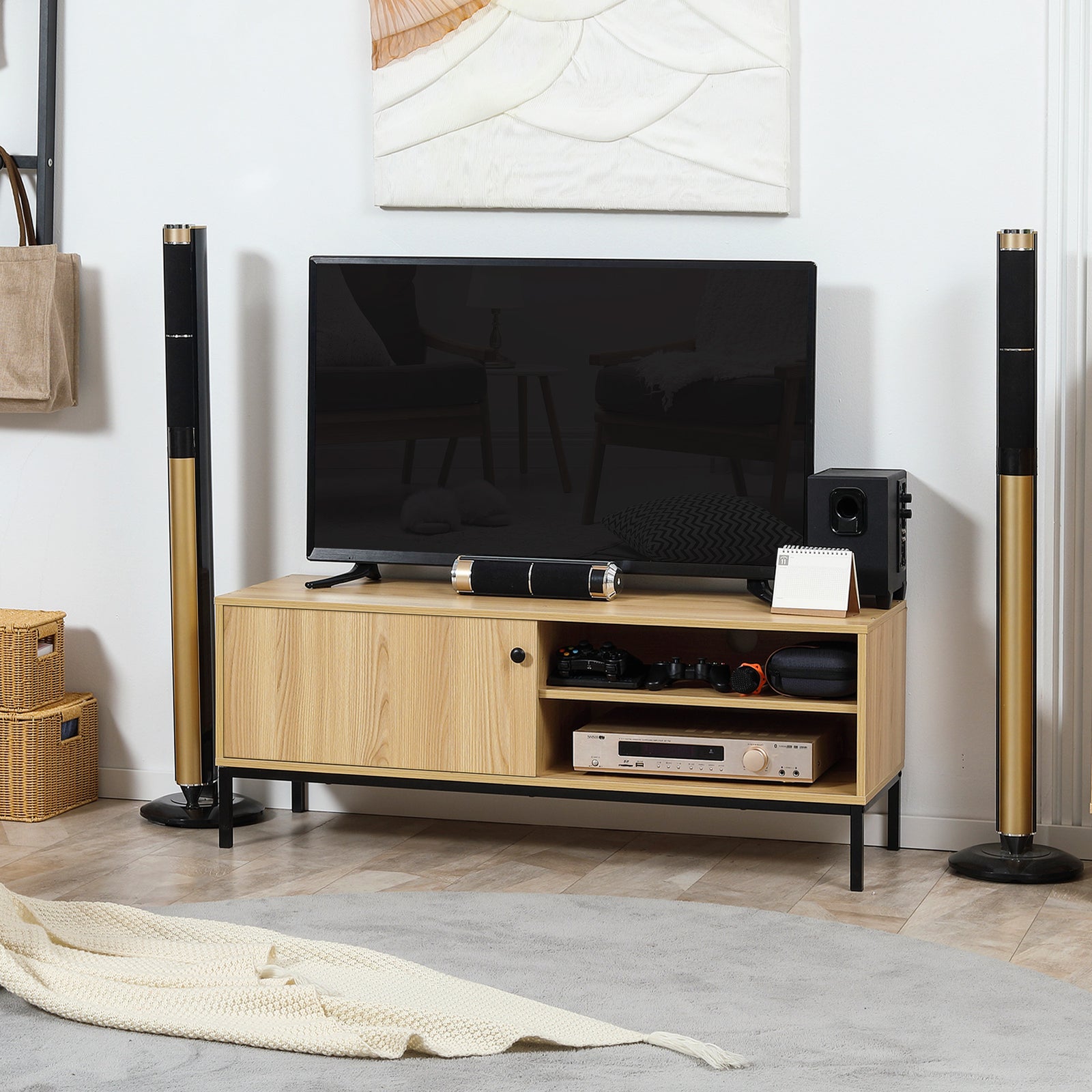 Tv Stand Cabinet With Sliding Door, Natural