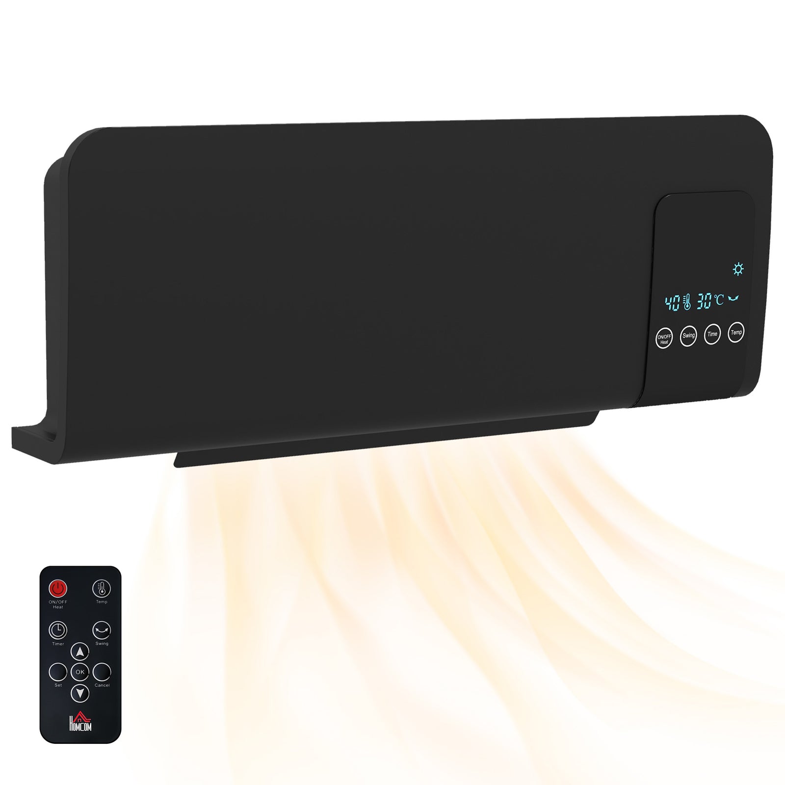2000w Wall Mounted Ceramic Heater With Remote Control | One Size | Black