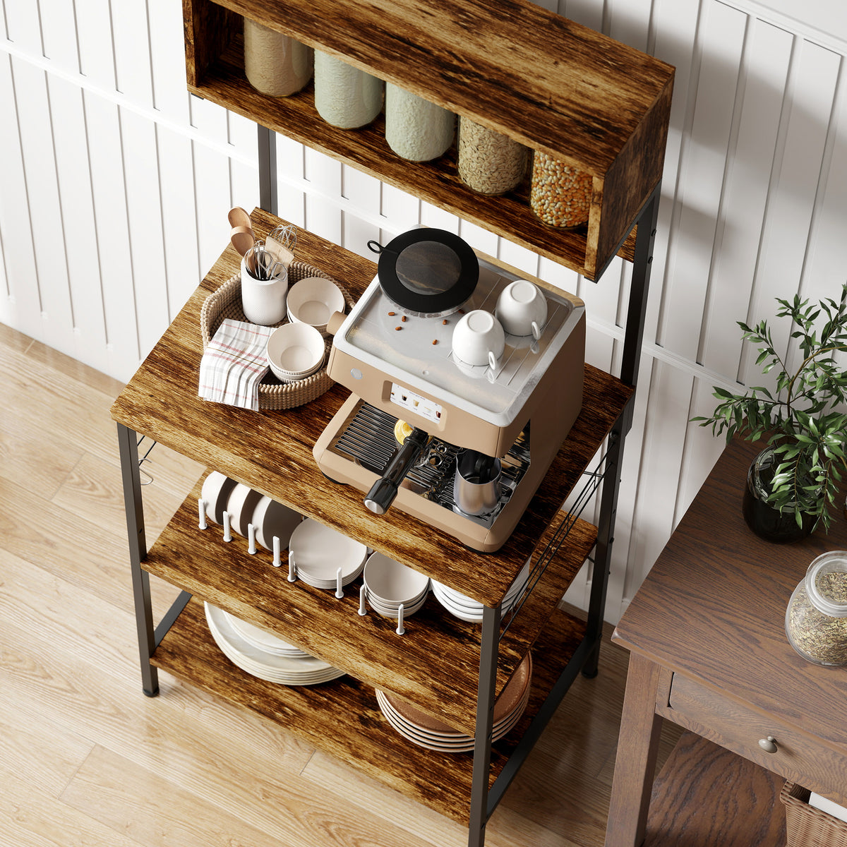 HOMCOM Bakers Rack With Power Outlet, 5 Hooks, Microwave Stand, Brown