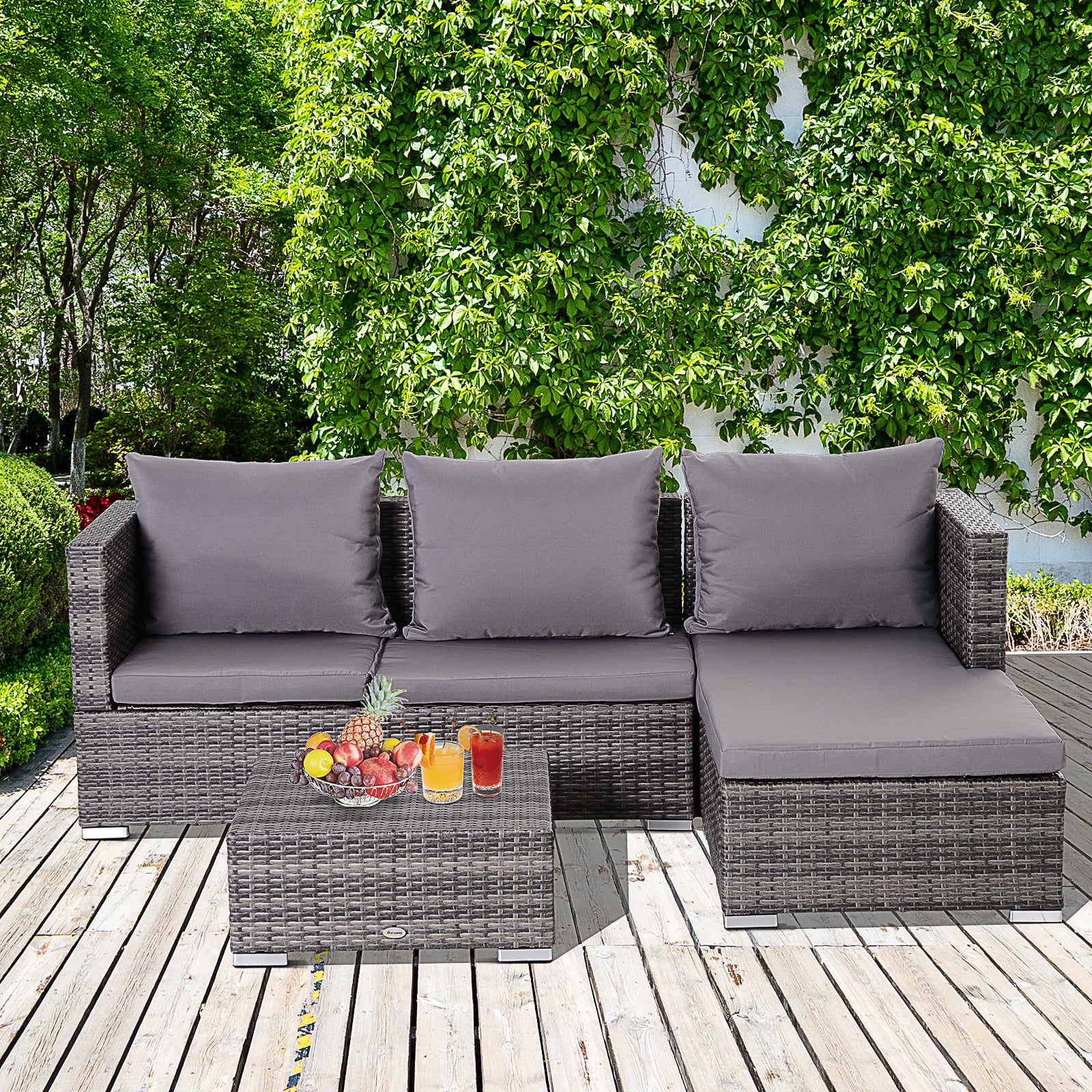 Rattan Garden Sofa Set Storage Table Wicker Patio Lounger | Gray