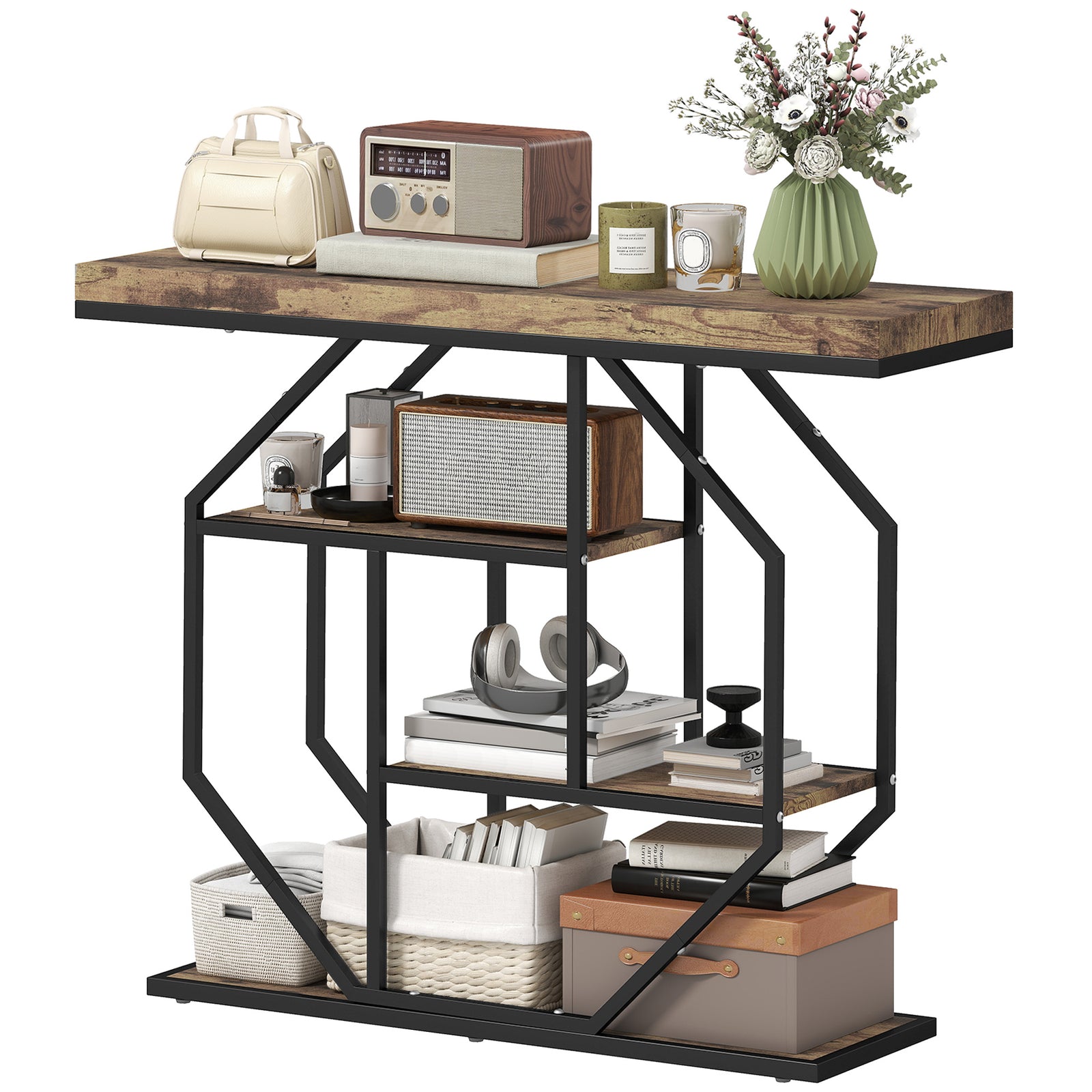 HOMCOM Industrial Console Table, Hallway Table With 4-tier Shelves