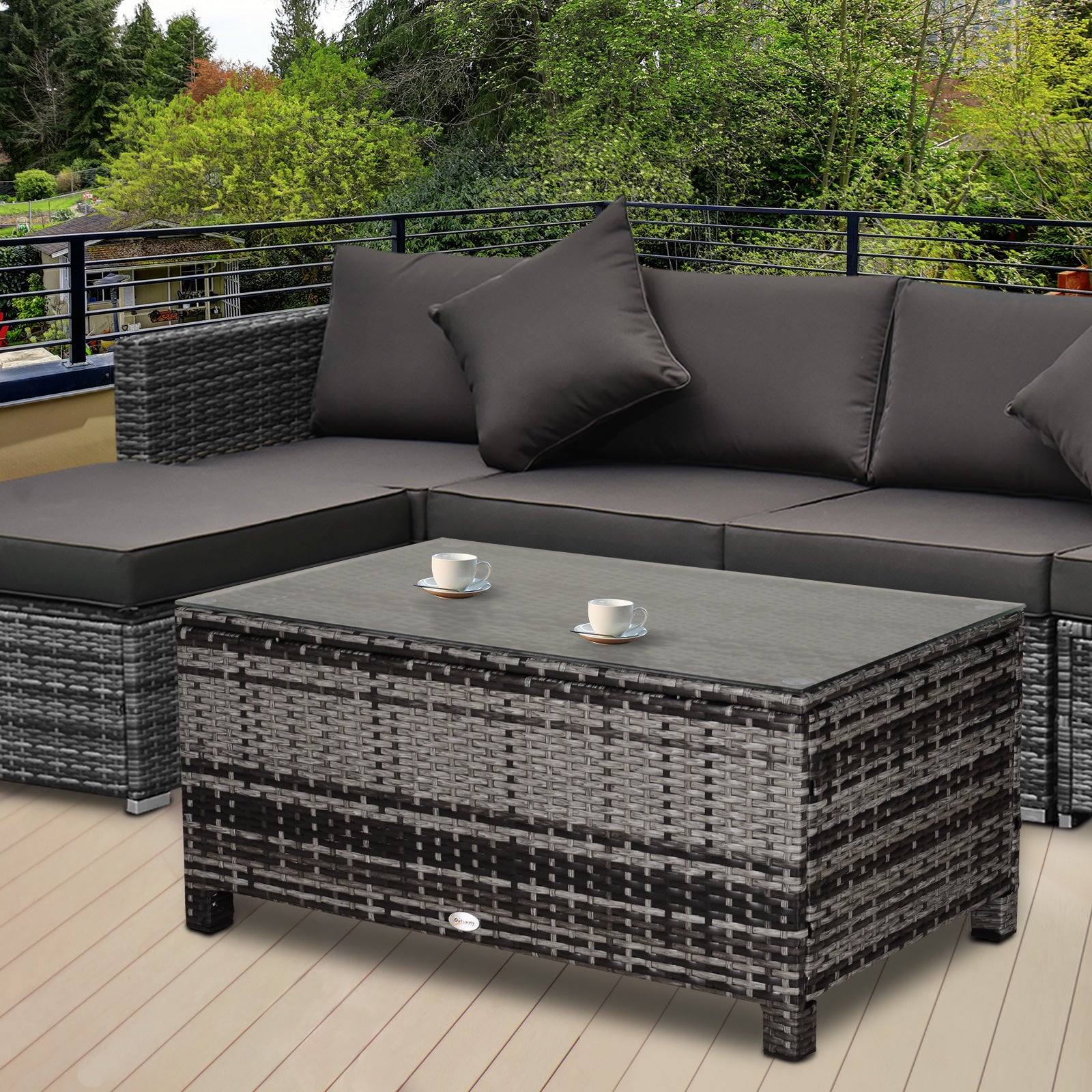 Garden Rattan Side Table,wicker Coffee Desk, Glass Top | Dark Gray