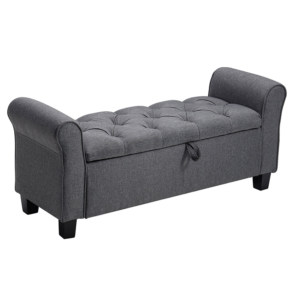 Linen Storage Ottoman Bench with Splayed Armrests, 115cm - Stylish Chaise with Hidden Storage and Rubberwood Legs
