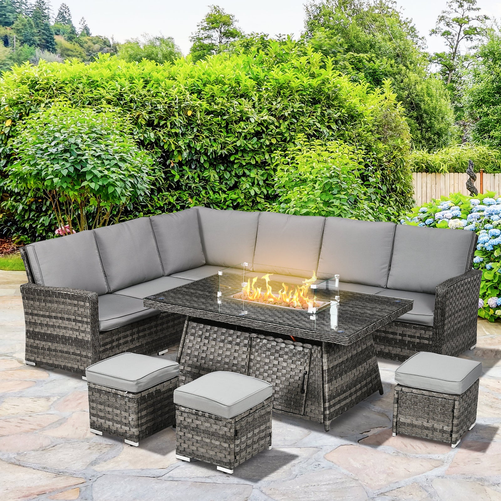 7 Pieces Rattan Set W/ Gas Fire Pit Table Grey