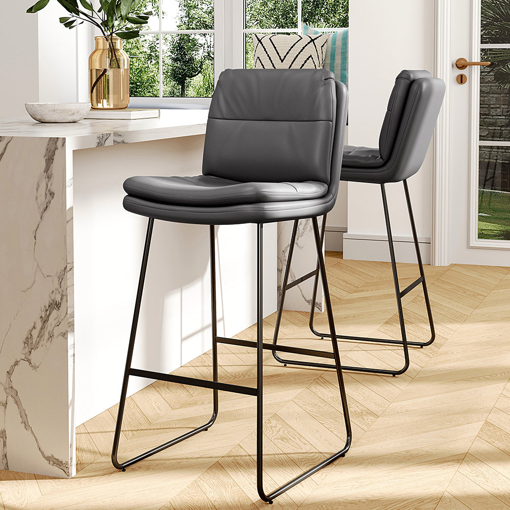 Set Of 2 Pu Leather Bar Stools – Modern Counter Chairs With Double-layer Cushion & Black Metal Legs | Grey