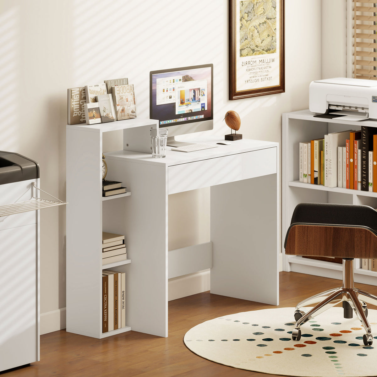 HOMCOM Computer Desk With 3 Open Shelves And Drawer, White