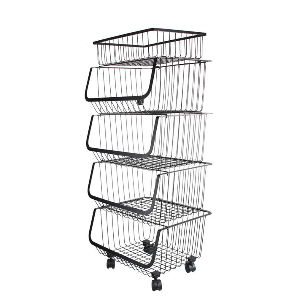 3/4/5 Tier Stackable Rolling Metal Wire Basket Trolley Rack Fruit Vegetable Storage Holder For Kitchen | Large | Black