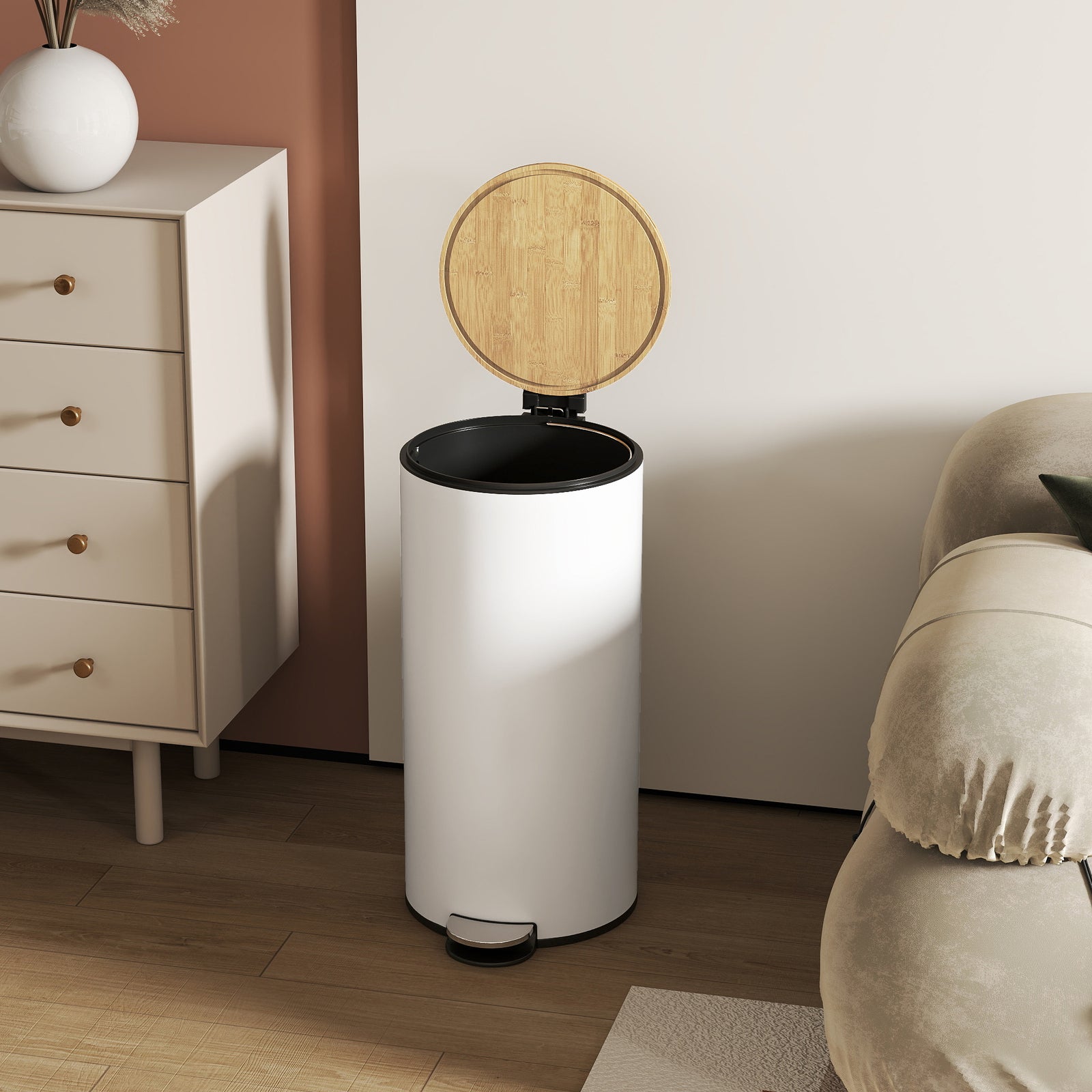 Kitchen Bin, 30 Litre Pedal Rubbish Bin With Removable Bucket | White