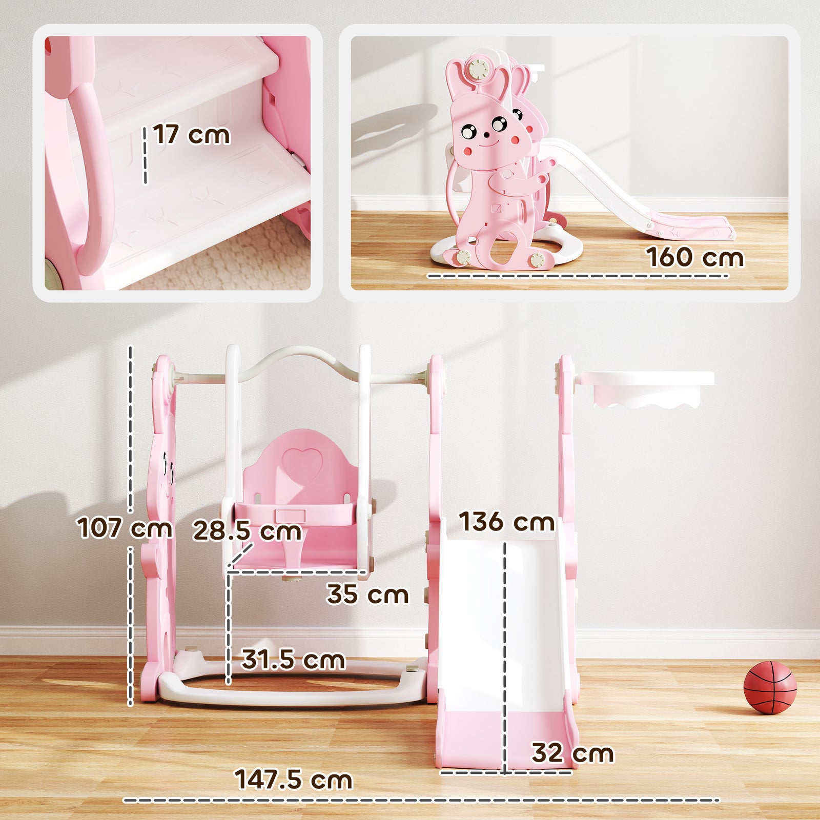 4 In 1 Toddler Slide And Swing Set With Climber, Basketball Hoop, Pink