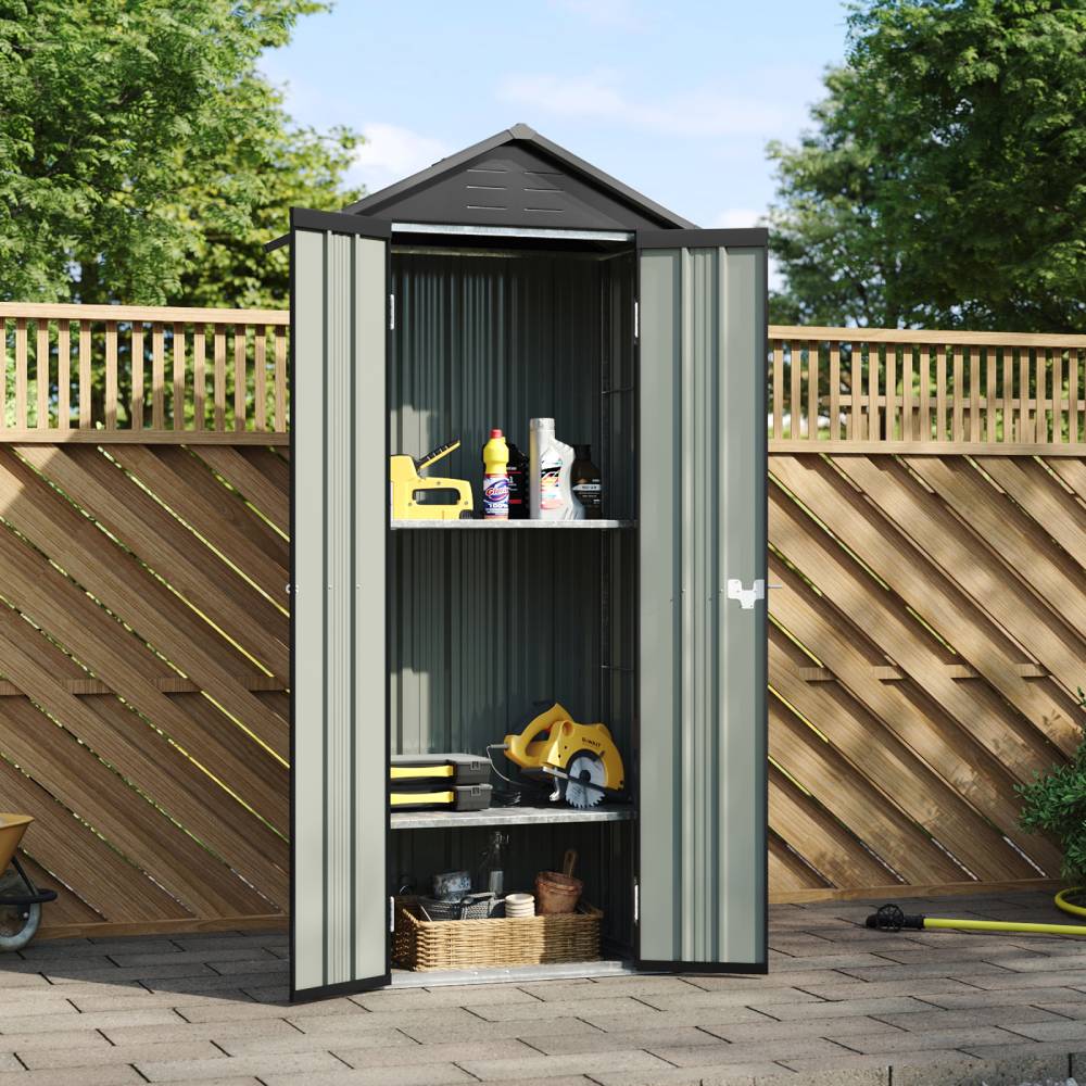 Metal Garden Storage Cabinet 2.7×1.9 Ft Apex Roof Shed With Adjustable 2 Shelves &  Lockable Double Doors | Charcoal Black