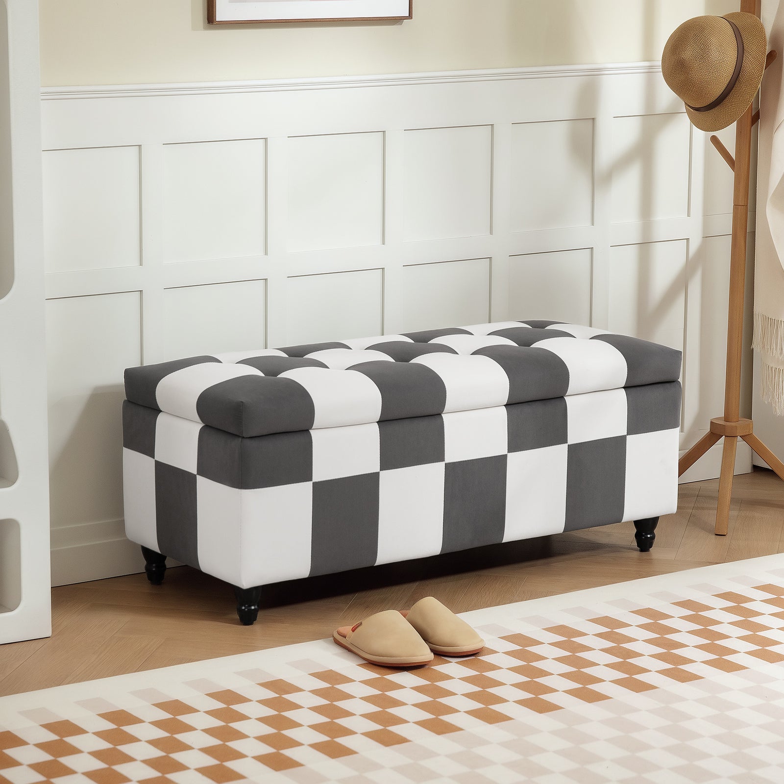 114 X 47 X 47cm Velvet Storage Ottoman, Button-tufted Footstool Box