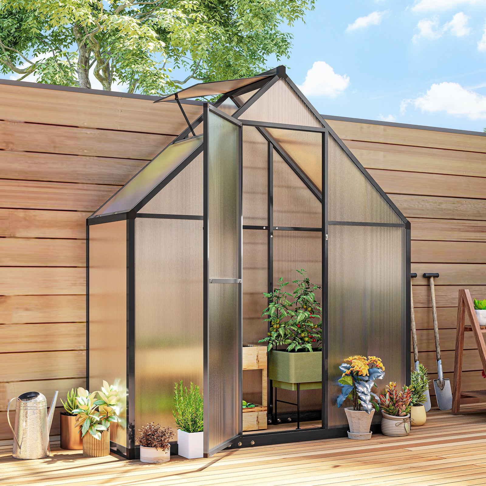 Outsunny Polycarbonate Greenhouse Garden Green House With Swing Door, Black