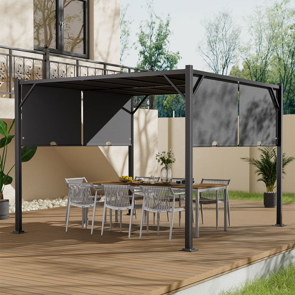 2.95m X 2.95m Steel Retractable Pergola With Flat Dark Grey Canopy Outdoor Sun Shelter For Garden Or Backyard