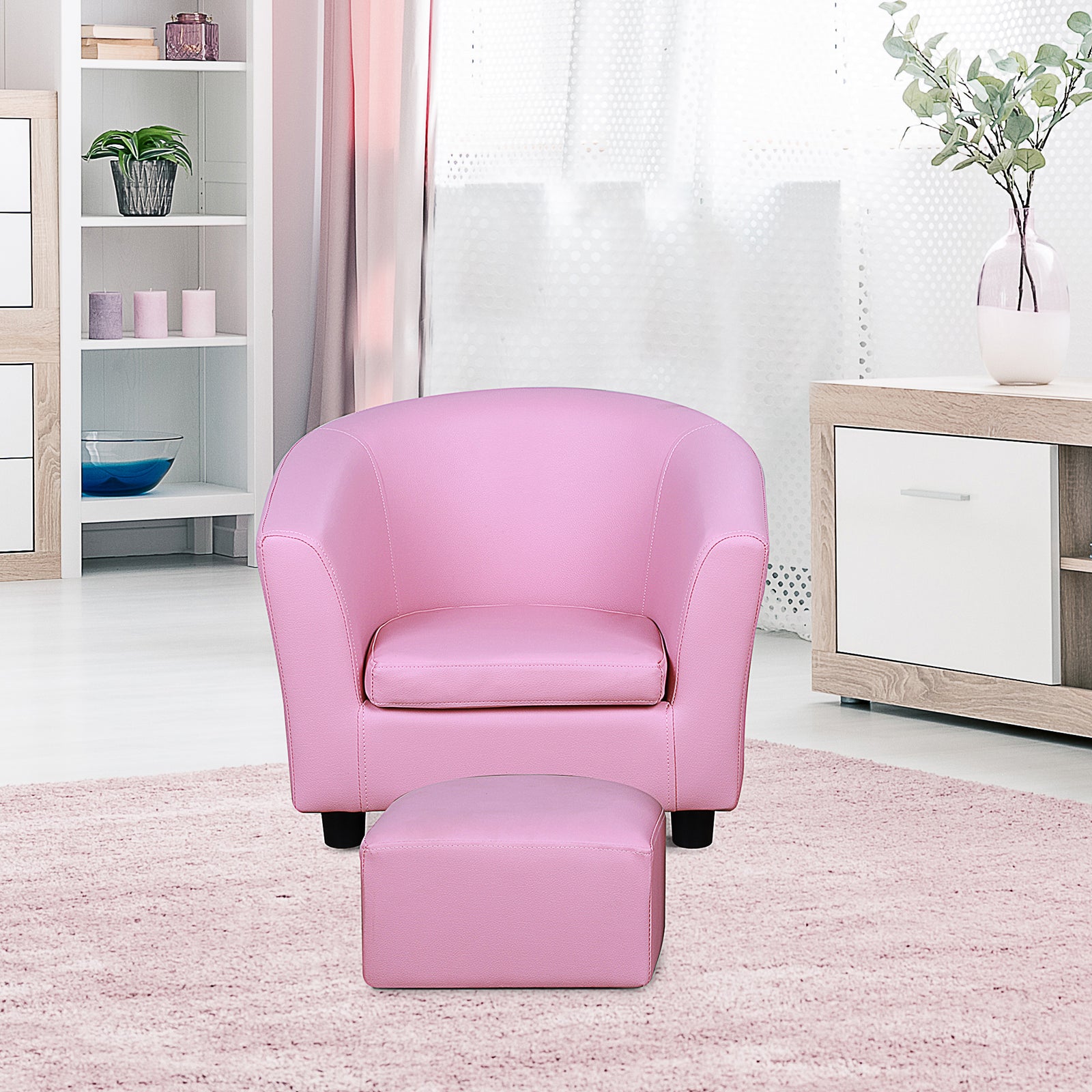 Kids Mini Sofa Children Armchair With Ottoman For Bedroom Playroom Pink
