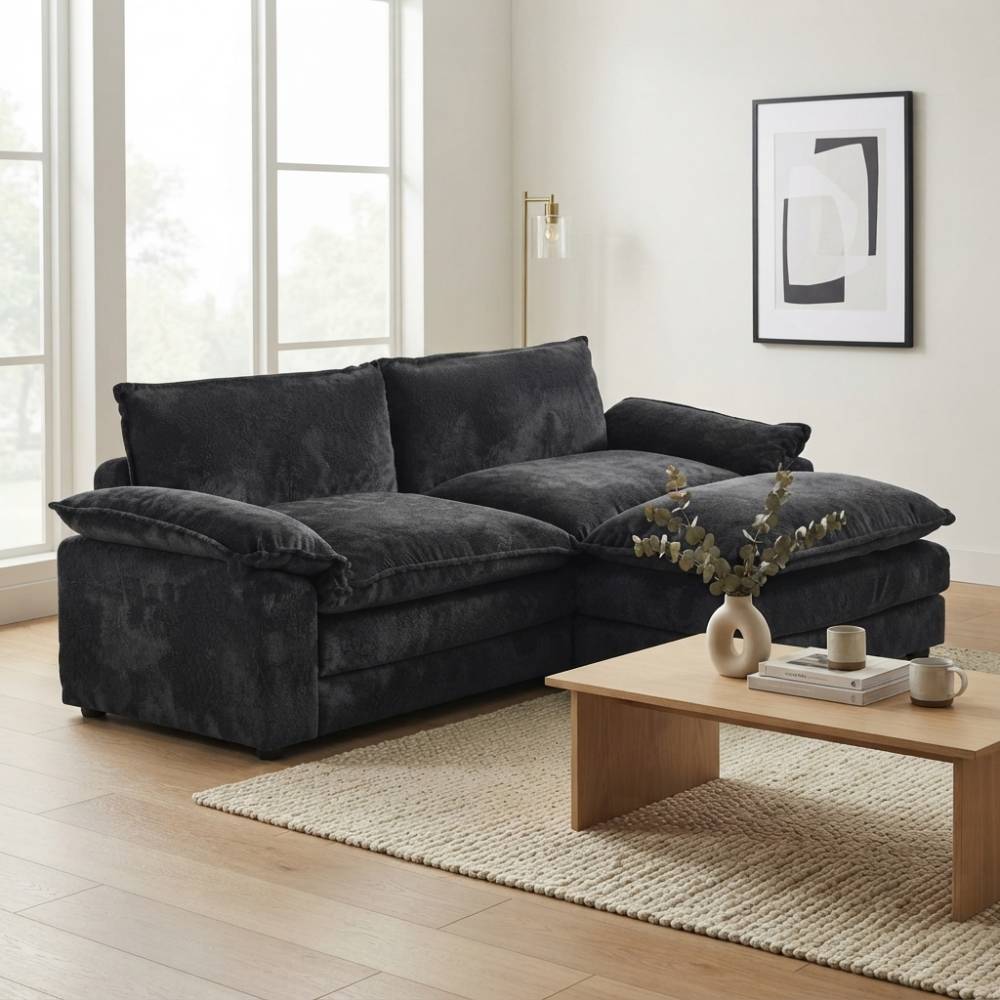 Modular Sofa Set With Chenille Upholstery And Wooden Frame | Dark Grey